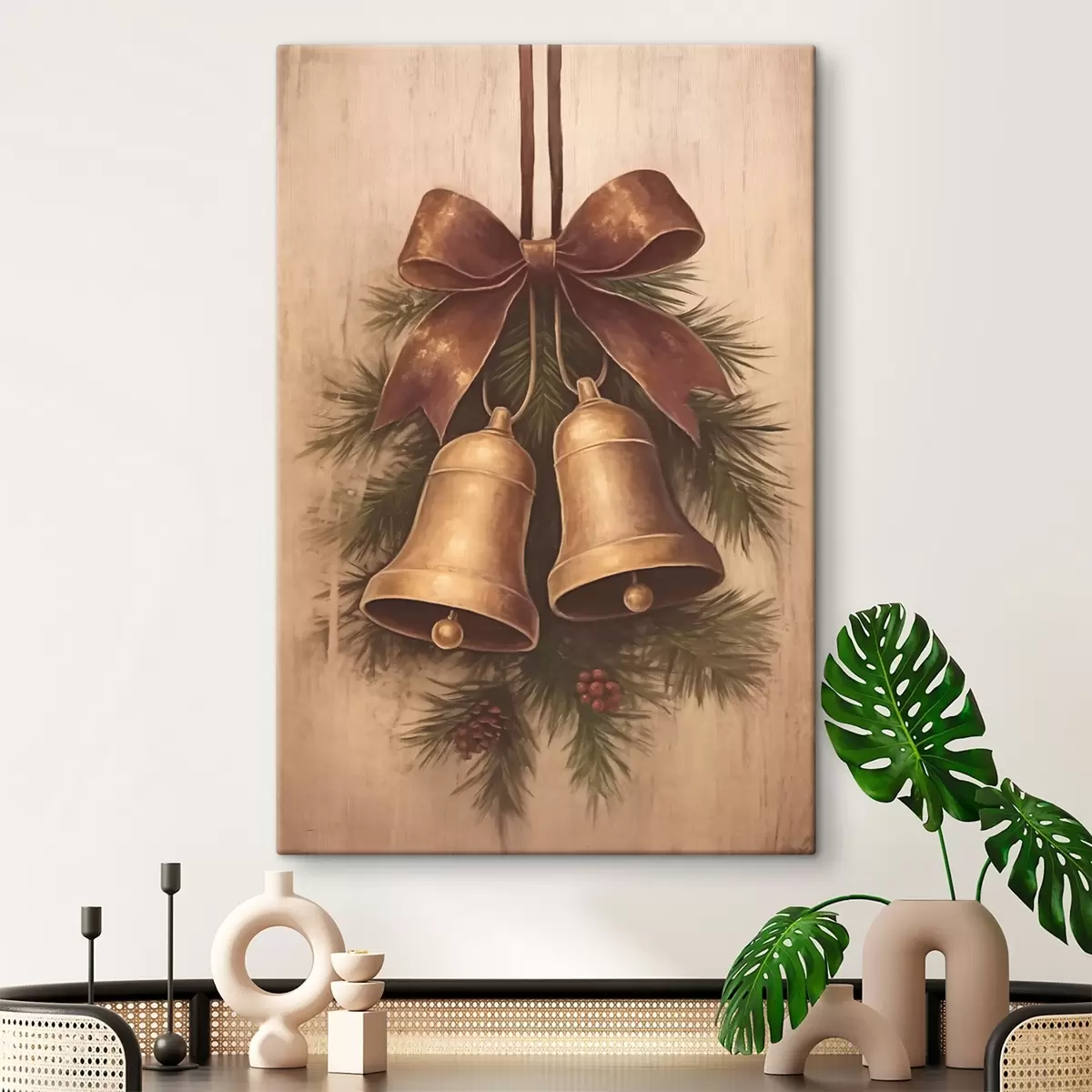  Schilderijen Vintage kerstdecoratie met twee belletjes en een strik s46626