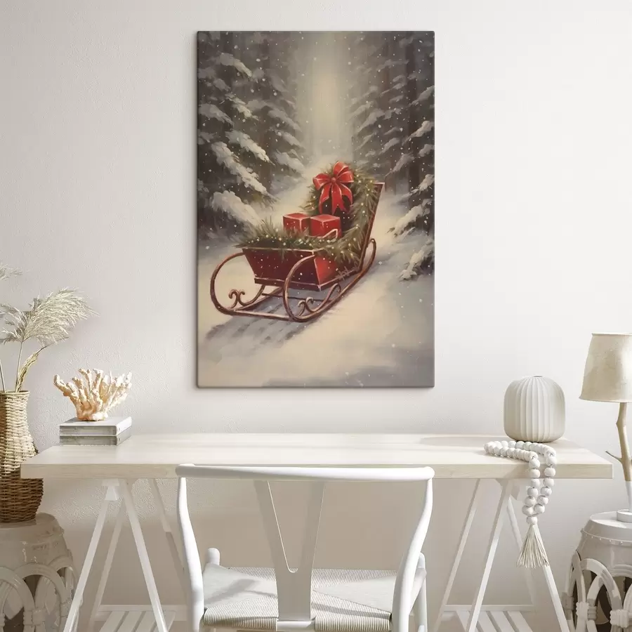  Schilderijen Kerstslee met cadeaus in een besneeuwd bos s46630