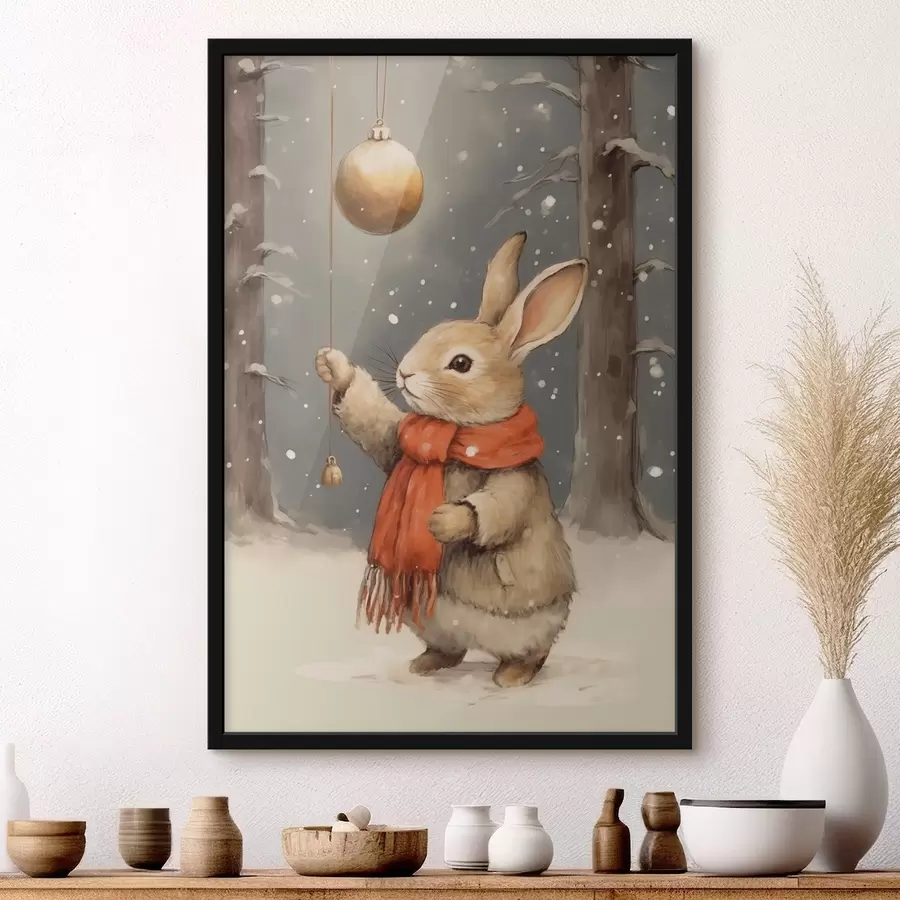 Fotobehang Winterhaas met sjaal en kerstboomversiering f46619