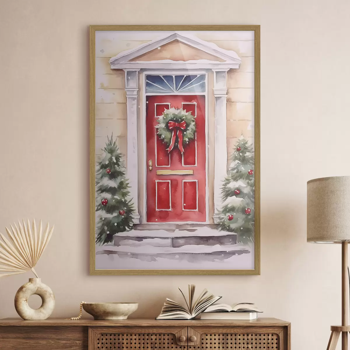 Poster Kerstdeur met een krans f46622