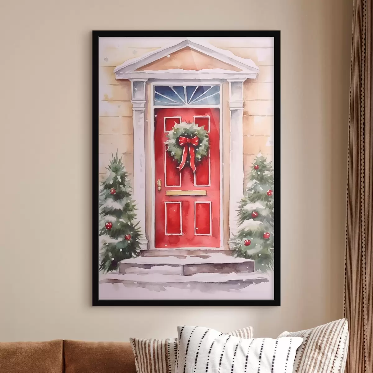 Poster Kerstdeur met een krans f46622