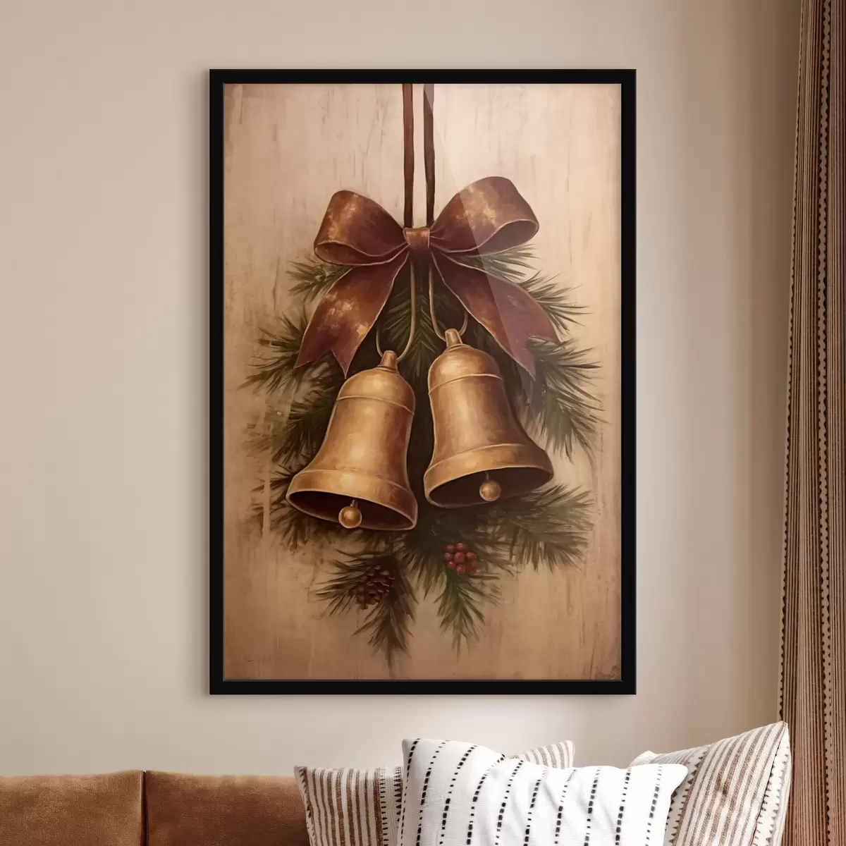 Poster Vintage kerstdecoratie met twee belletjes en een strik f46626