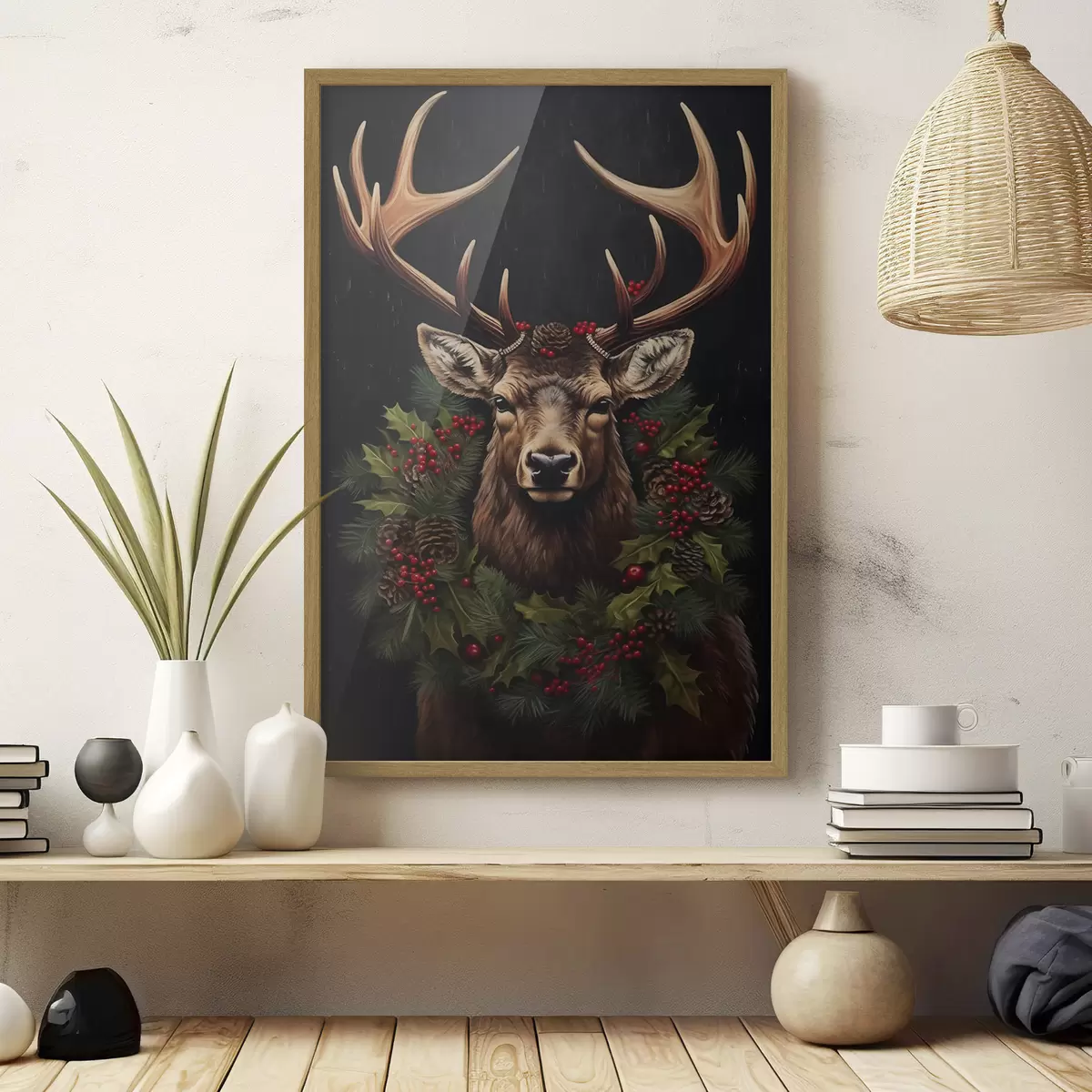 Poster Portret van een hert met een kerstkrans f46628
