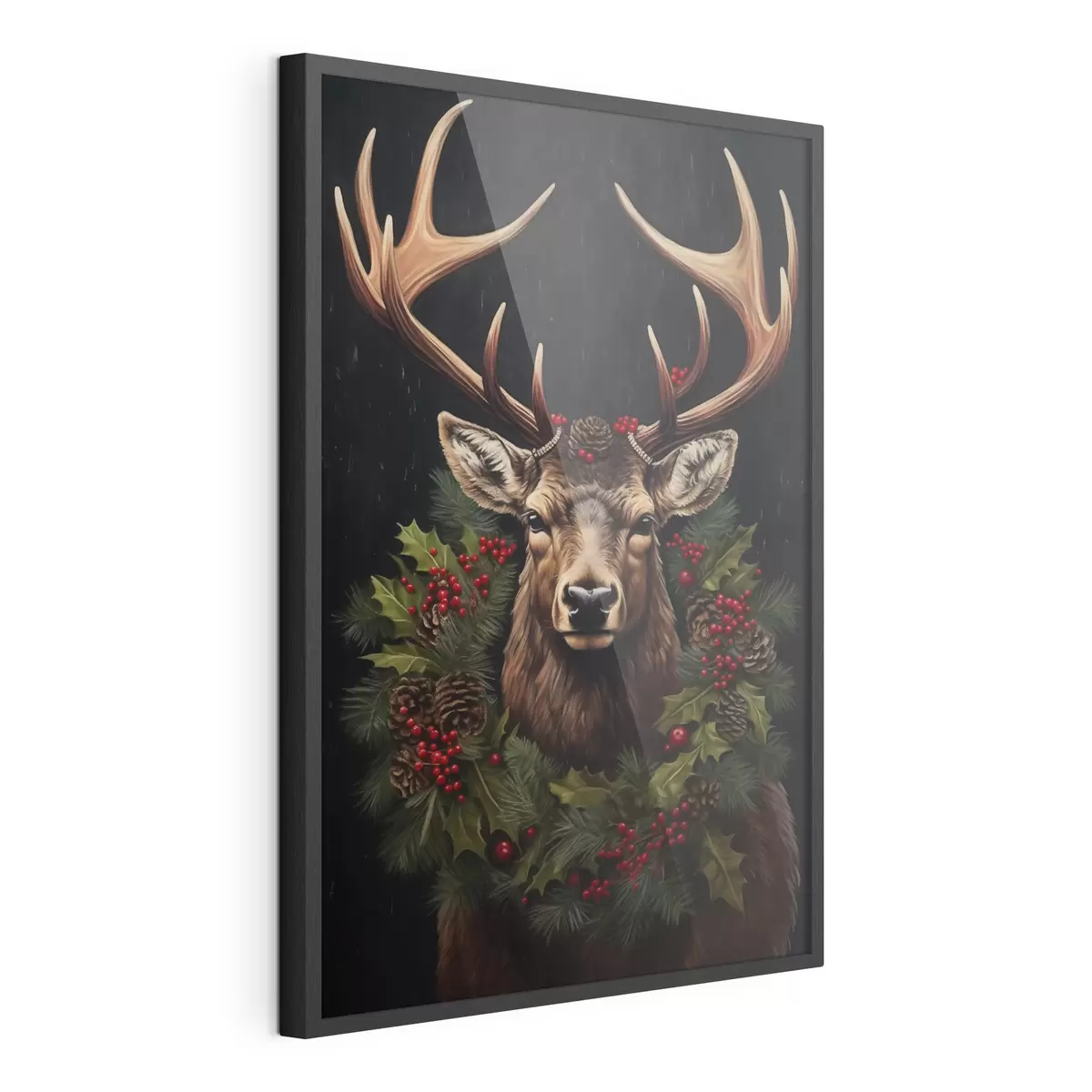 Poster Portret van een hert met een kerstkrans f46628