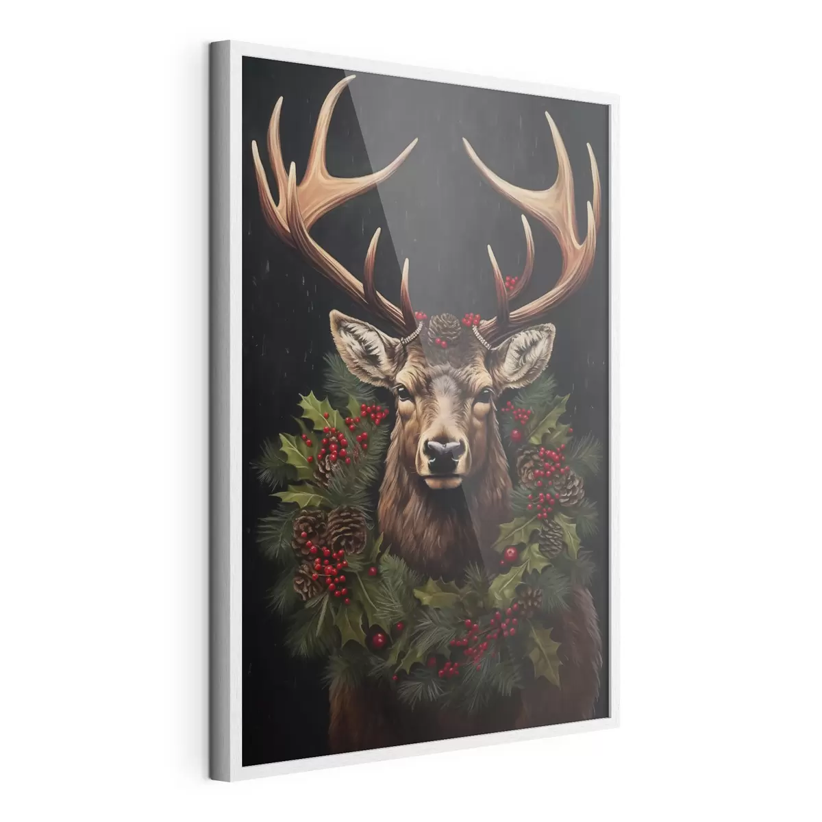 Poster Portret van een hert met een kerstkrans f46628