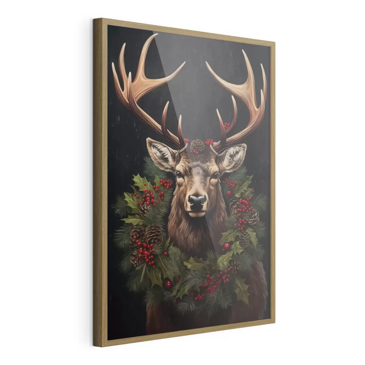 Poster Portret van een hert met een kerstkrans f46628