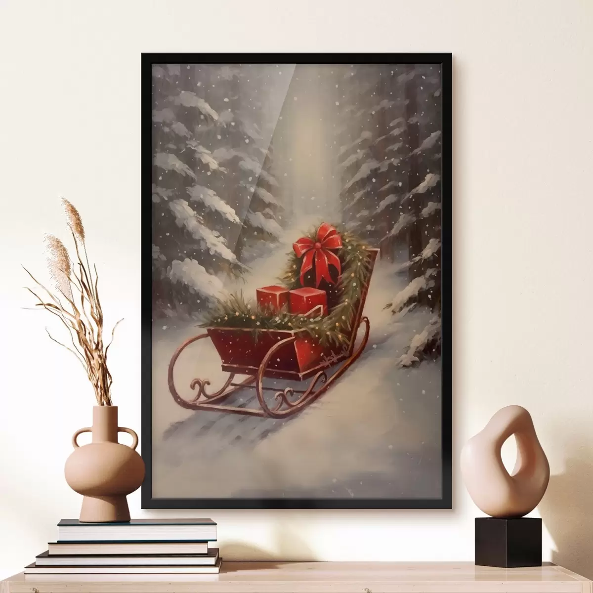 Poster Kerstslee met cadeaus in een besneeuwd bos f46630
