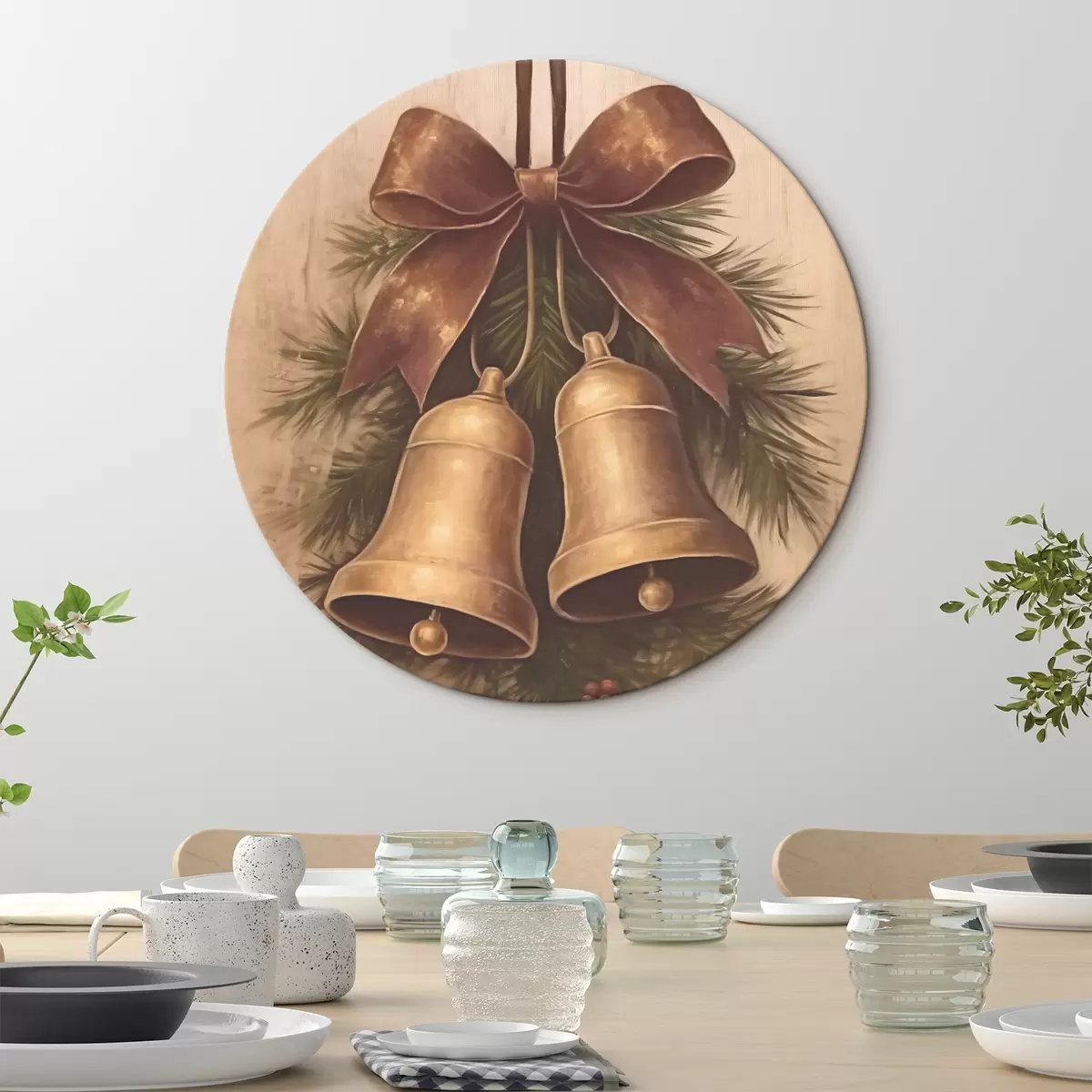 Ronde schilderijen Vintage kerstdecoratie met twee belletjes en een strik r46626