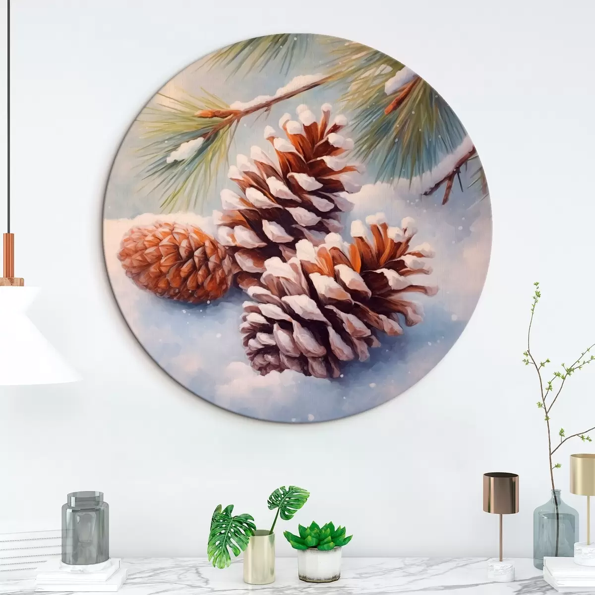 Ronde schilderijen Met sneeuw bedekte dennenappels en takken r46631