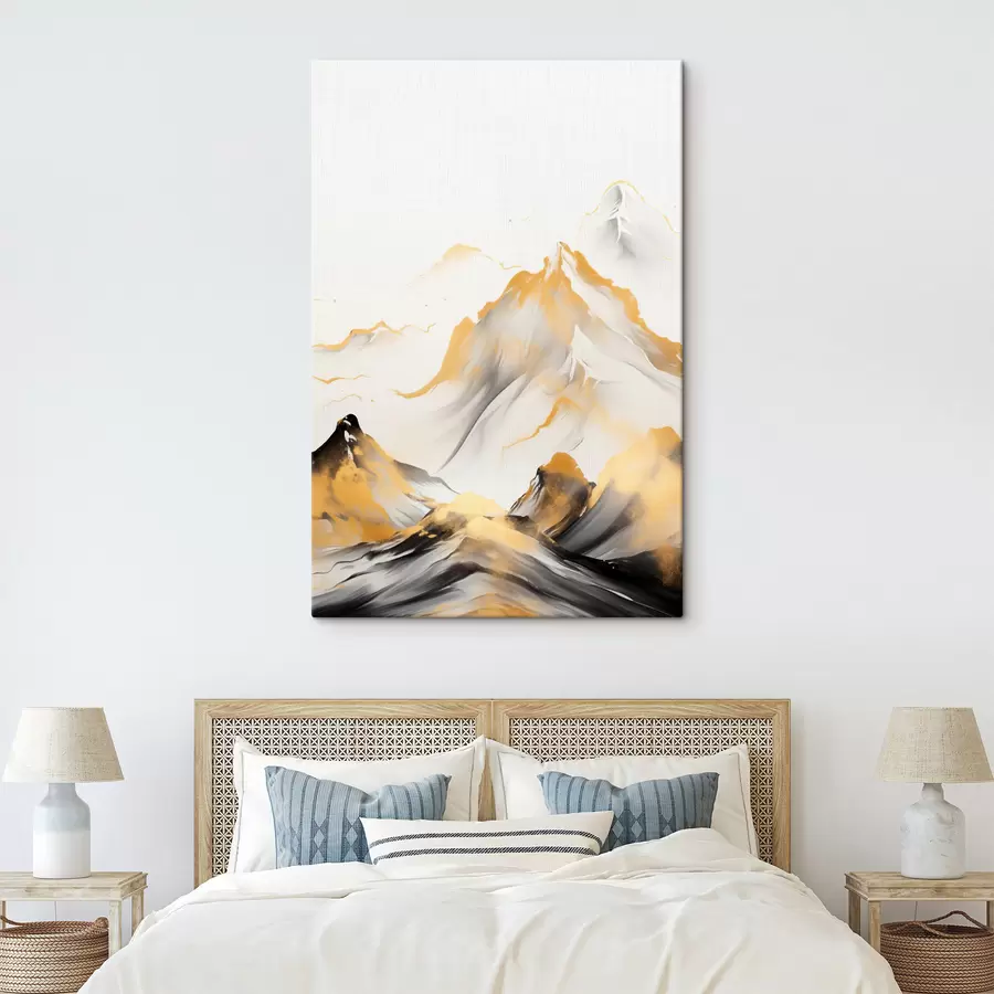  Schilderijen Getextureerde gele en zwarte bergen met besneeuwde toppen, inktwasstijl, minimalistische bergketen s46683