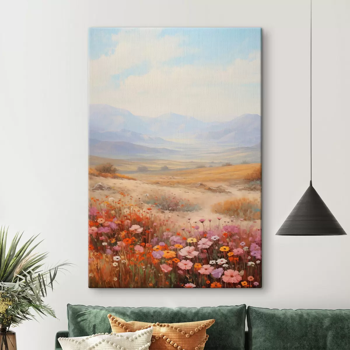 Schilderijen Landschap, een veld met kleurrijke bloemen en bergen op de achtergrond, zachte pastelkleuren s46685