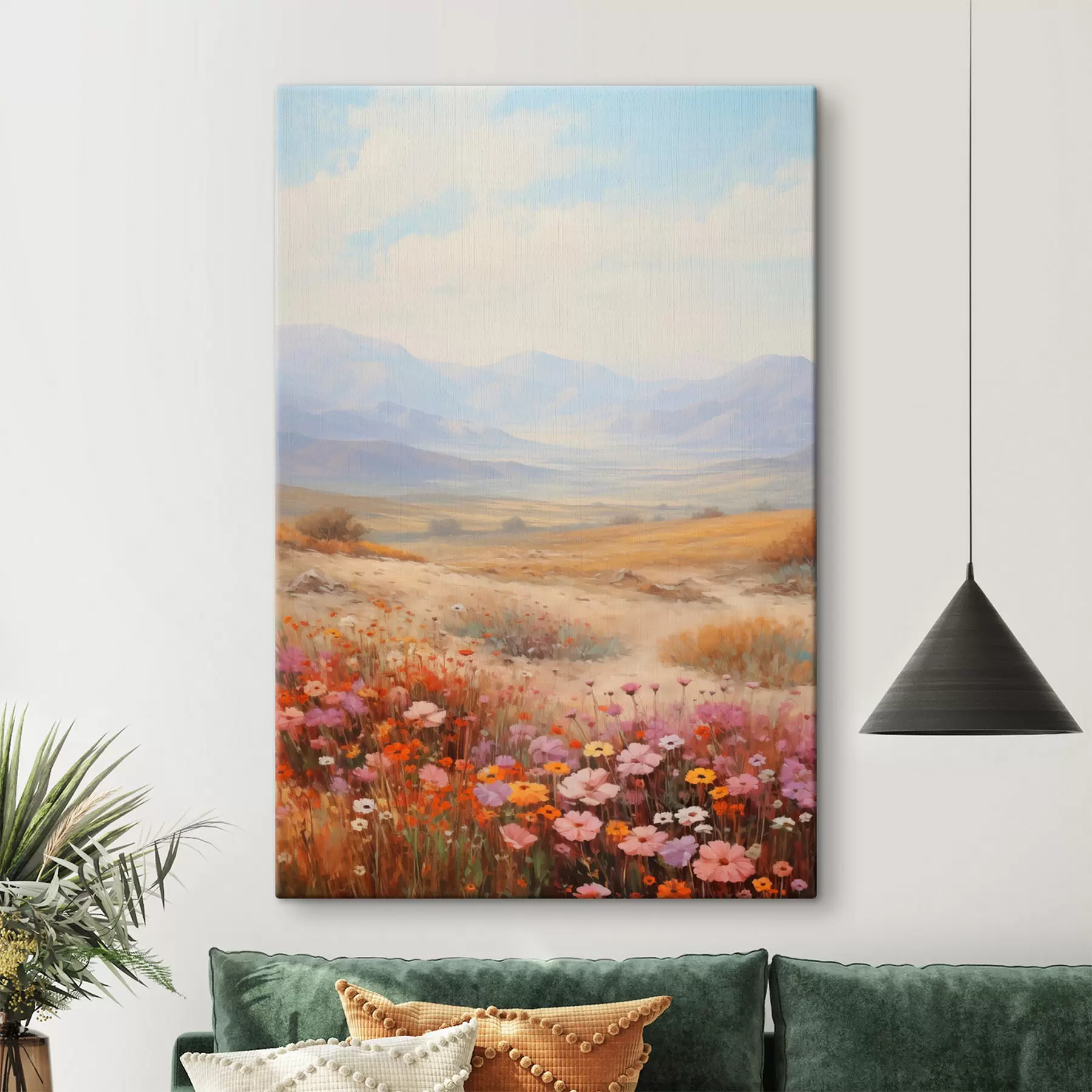  Schilderijen Landschap, een veld met kleurrijke bloemen en bergen op de achtergrond, zachte pastelkleuren s46685
