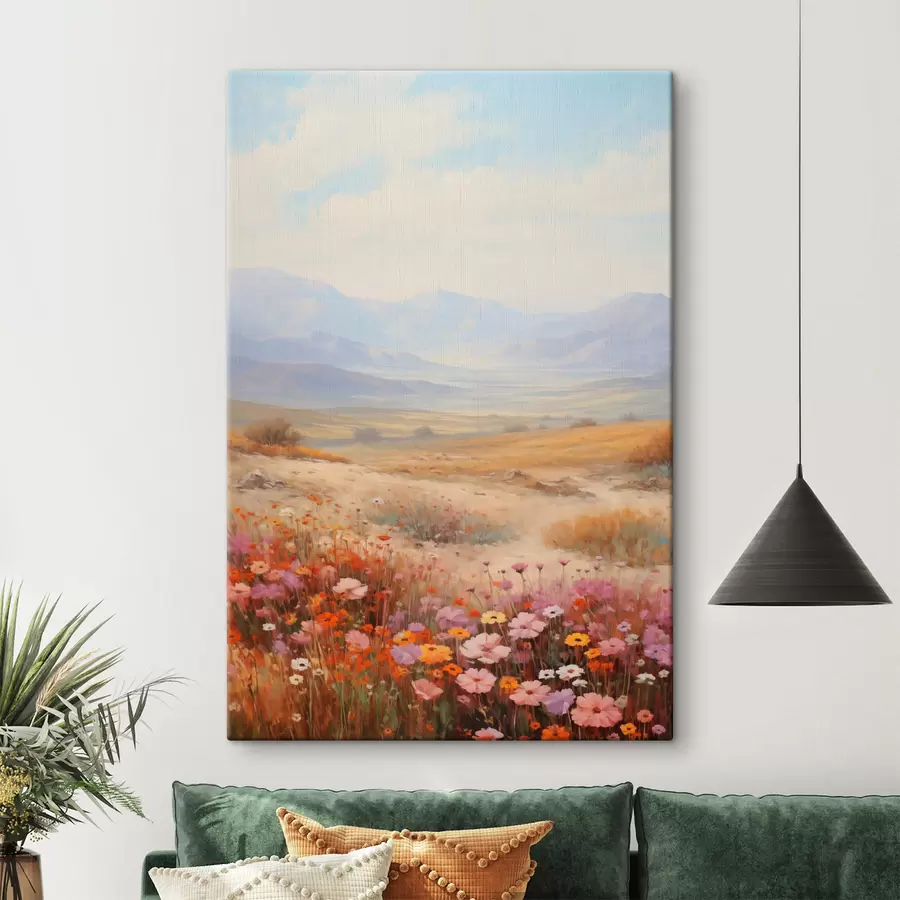  Schilderijen Landschap, een veld met kleurrijke bloemen en bergen op de achtergrond, zachte pastelkleuren s46685