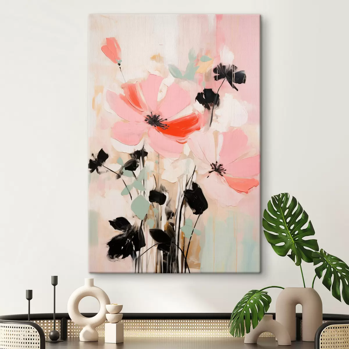  Schilderijen Roze en zwarte bloemen met bladeren, zachte pastelkleuren, abstract bloemstuk, minimalistische kunst s46687