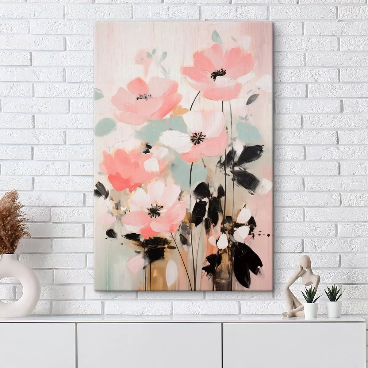  Schilderijen Roze en zwarte bloemen met bladeren, zachte pastelkleuren, abstract bloemstuk, minimalistische kunst s46688