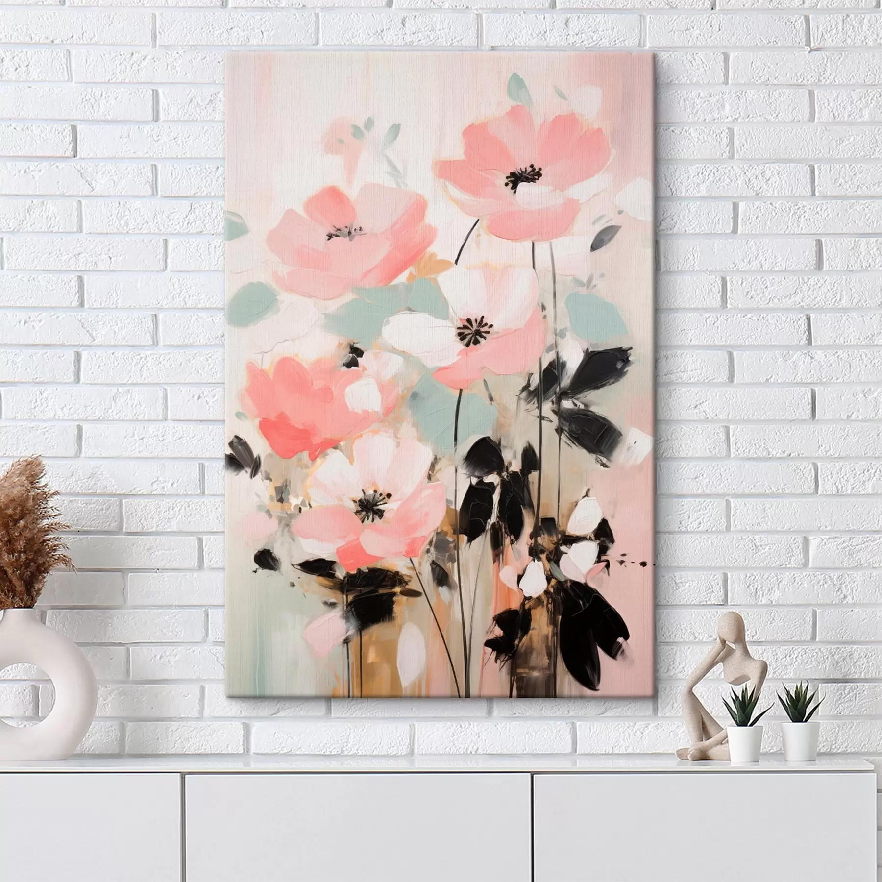 Schilderijen Roze en zwarte bloemen met bladeren, zachte pastelkleuren, abstract bloemstuk, minimalistische kunst s46688