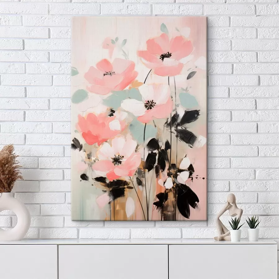 Schilderijen Roze en zwarte bloemen met bladeren, zachte pastelkleuren, abstract bloemstuk, minimalistische kunst s46688