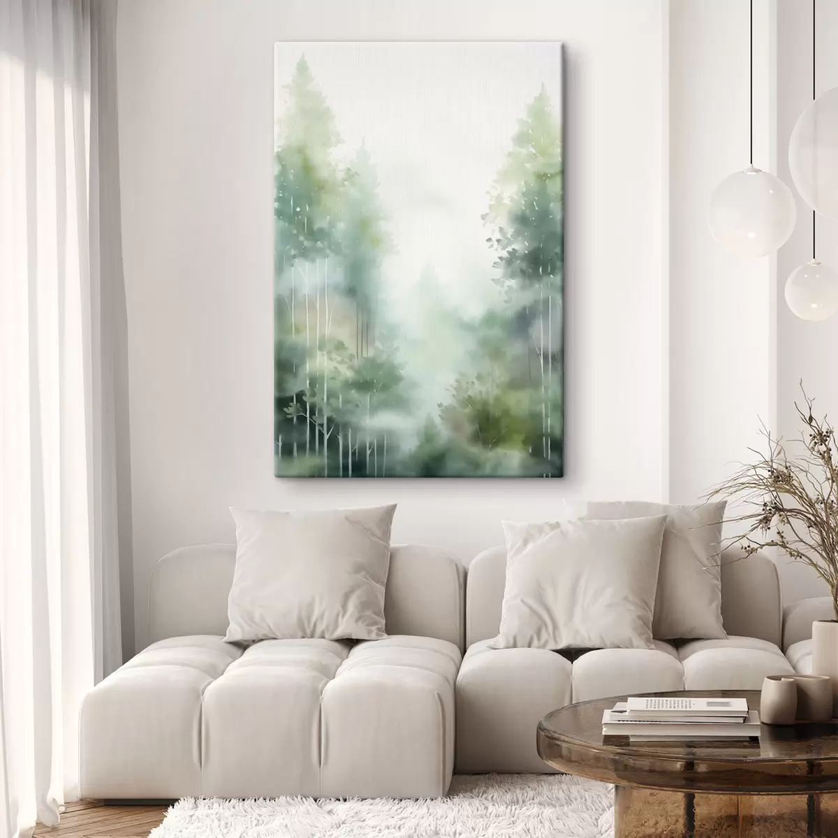  Schilderijen Aquarelschilderij imitatie van abstract bos met hoge bomen en groen gebladerte, zachte gedempte kleuren s46689