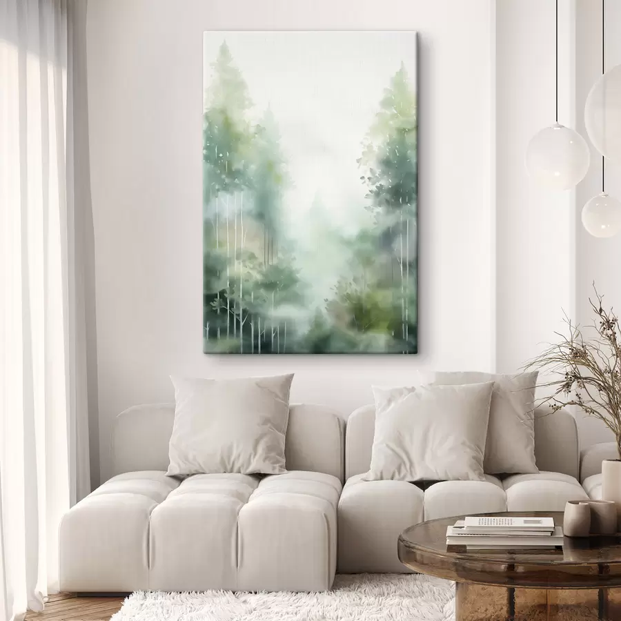  Schilderijen Aquarelschilderij imitatie van abstract bos met hoge bomen en groen gebladerte, zachte gedempte kleuren s46689