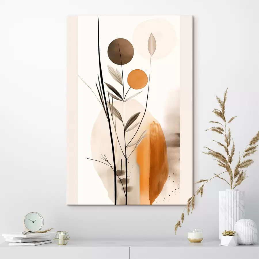  Schilderijen Abstracte schilderijimitatie met oranje en grijze cirkels, bladeren en takken, moderne stijl, aquareleffect s46698