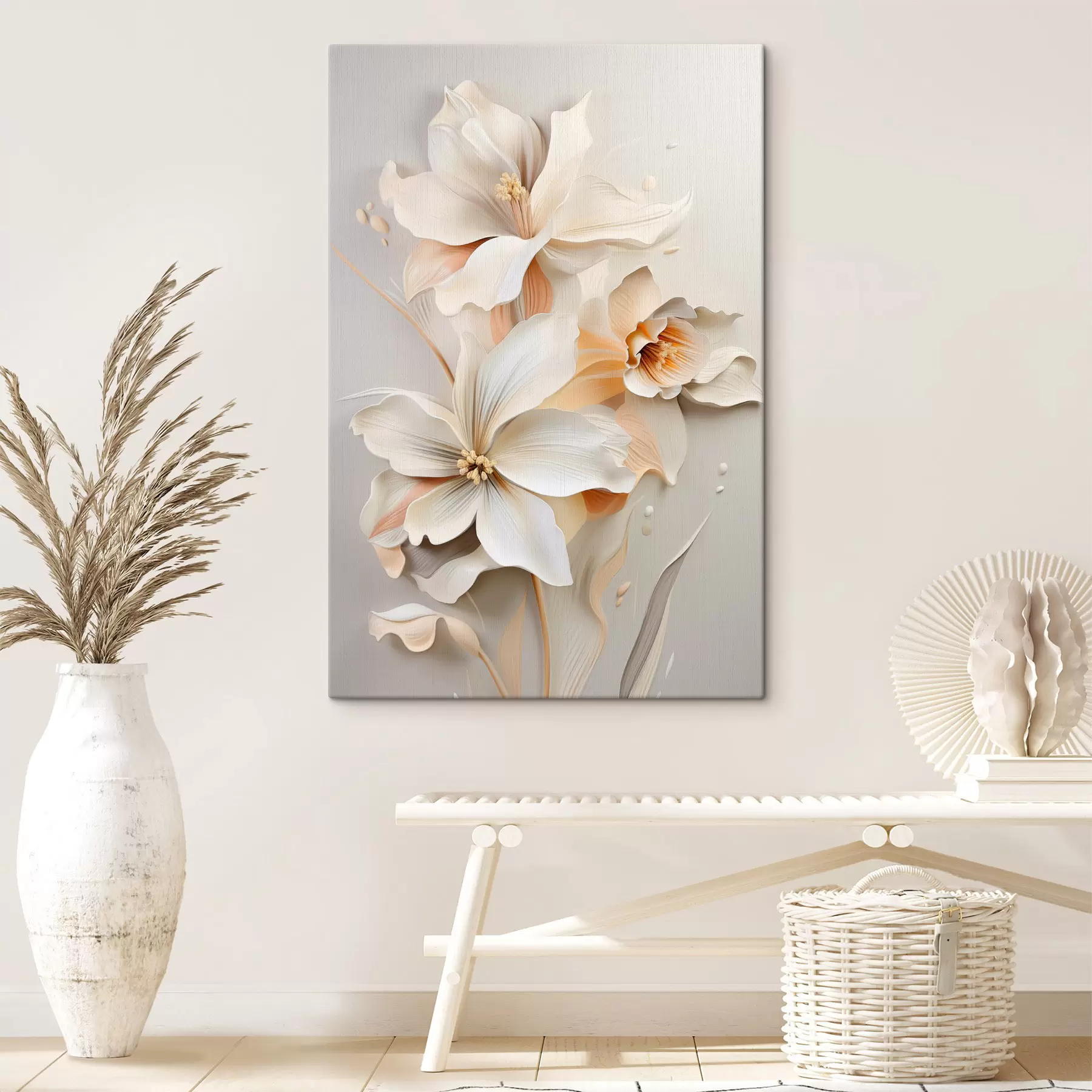  Schilderijen Witte bloemen, bloemblaadjes met zachte schaduwen, lichtbeige achtergrond, elegante compositie, minimalistische stijl s46699