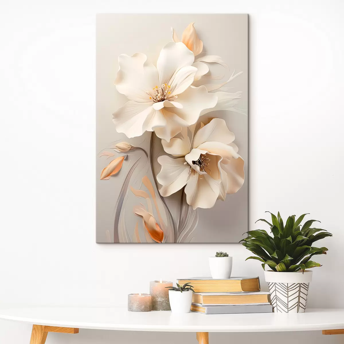  Schilderijen Witte bloemen, bloemblaadjes met zachte schaduwen, lichtbeige achtergrond, elegante compositie, minimalistische stijl s46700