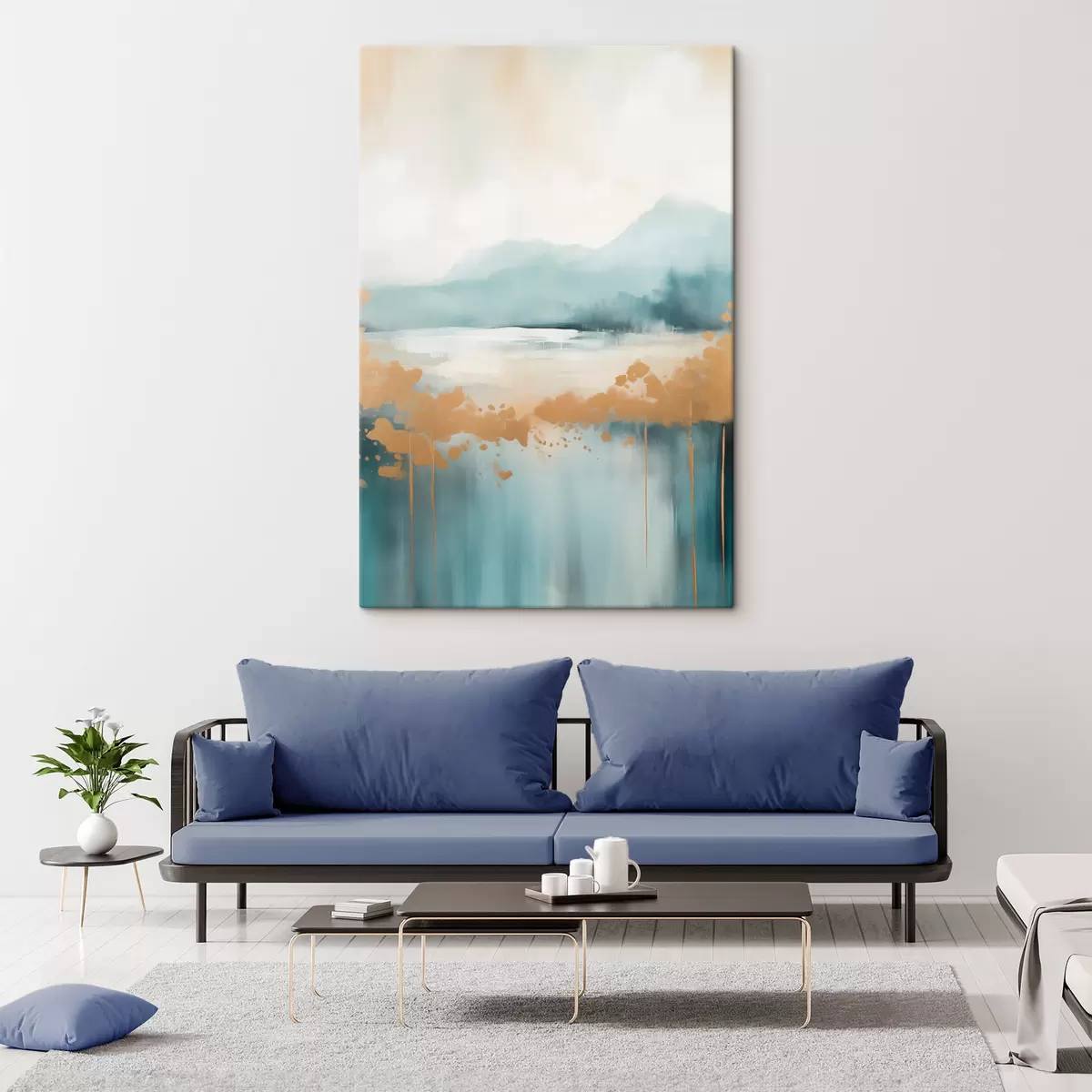  Schilderijen Abstract landschap met bergen en meer in blauwgroen en gestructureerd geel, zachte penseelstreken, minimalistisch kunstwerk s46703