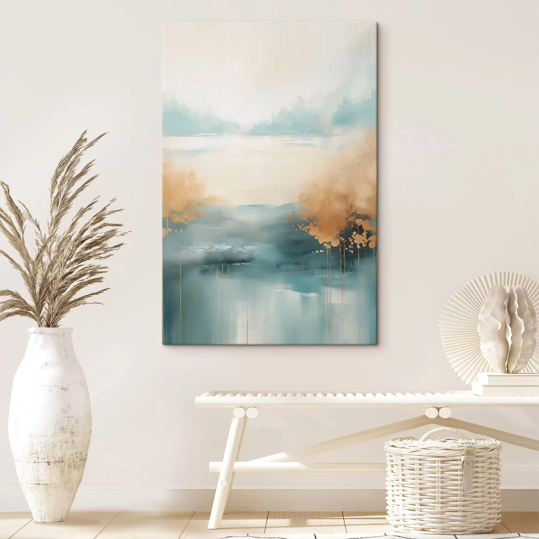  Schilderijen Abstract landschap met bergen en meer in blauwgroen en gestructureerd geel, zachte penseelstreken, minimalistisch kunstwerk s46704
