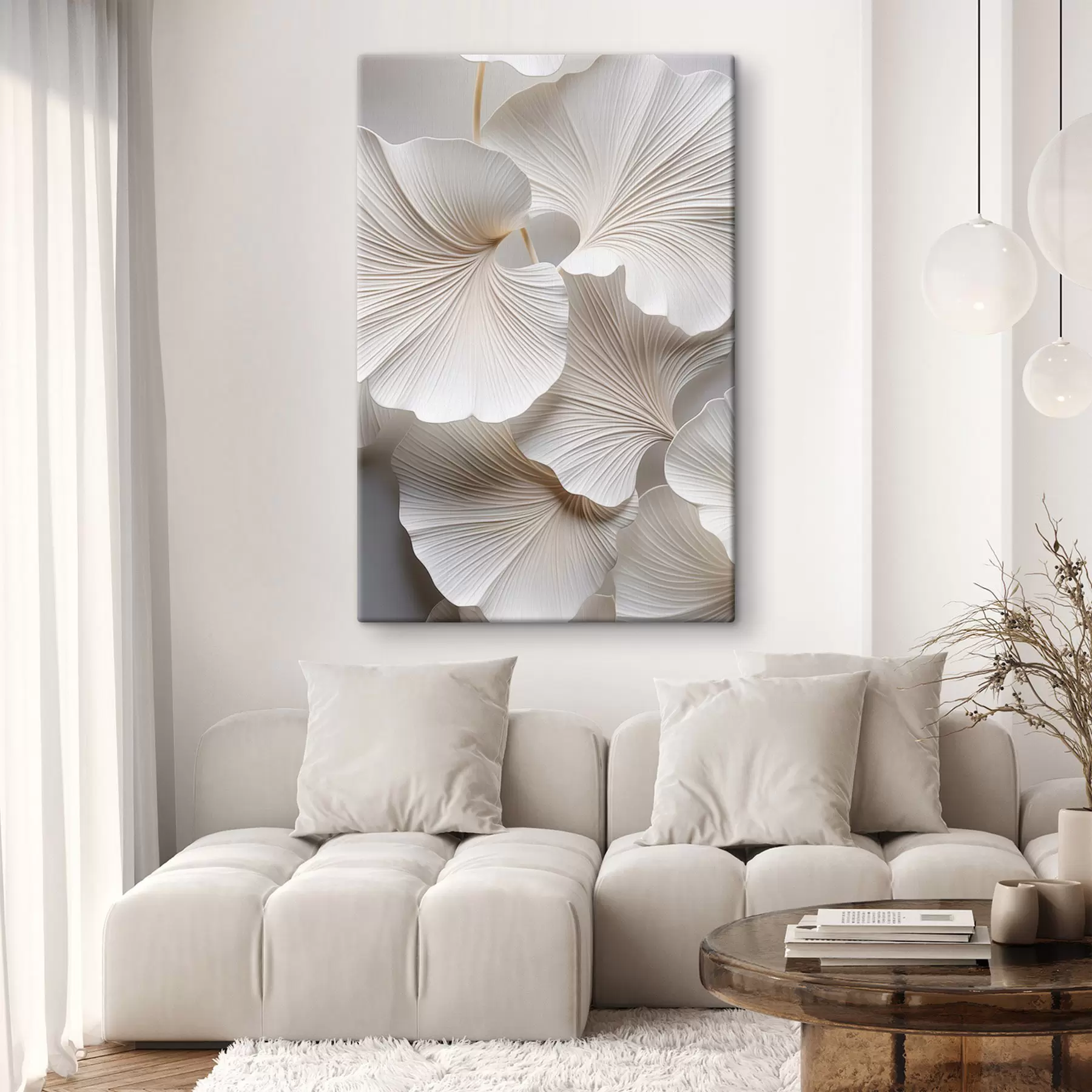  Schilderijen Witte ginkgo biloba-bladeren met gedetailleerde nerven, zachte verlichting, elegant en minimalistisch ontwerp met textuur s46705