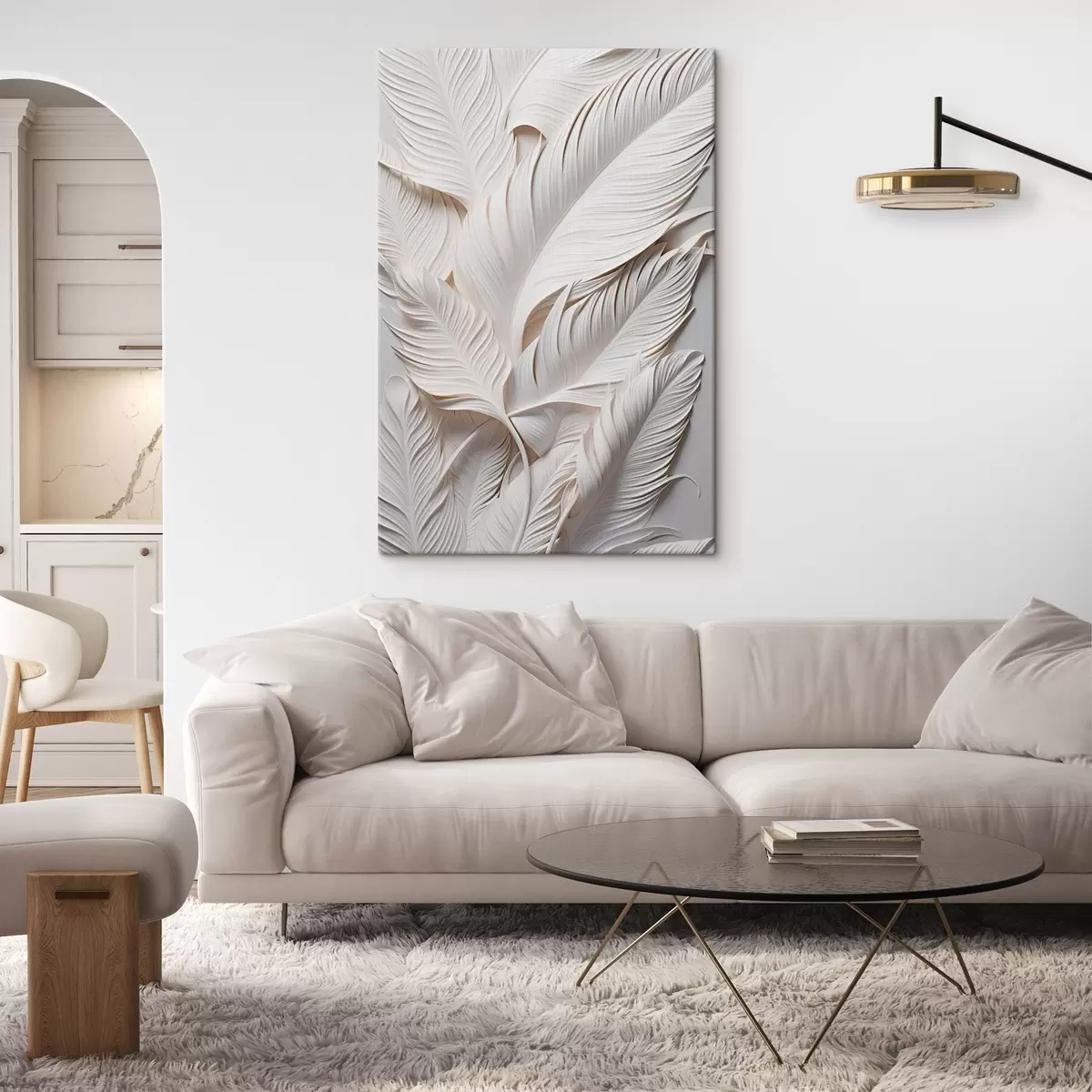  Schilderijen Witte bladeren met gedetailleerde patronen, die een gestructureerd en gelaagd effect creëren, minimalistische kunst s46706