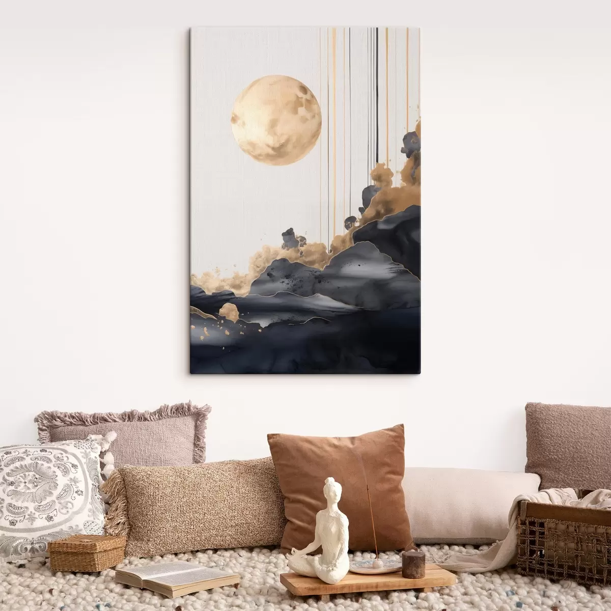  Schilderijen Een volle maan met zwarte en gestructureerde gele wolken, verticale lijnen, abstracte stijl, minimalistisch en modern s46707