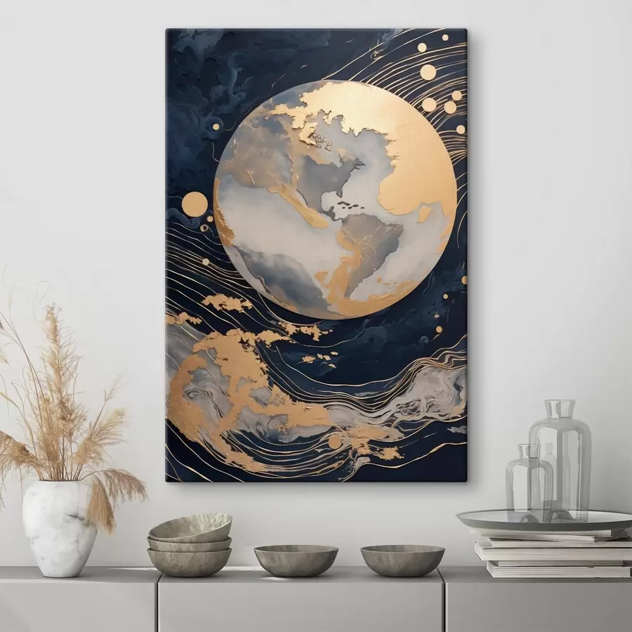  Schilderijen Getextureerde decoratieve planeet met gele lijnen op de achtergrond, gele stippen op de achtergrond, donkere achtergrond s46708