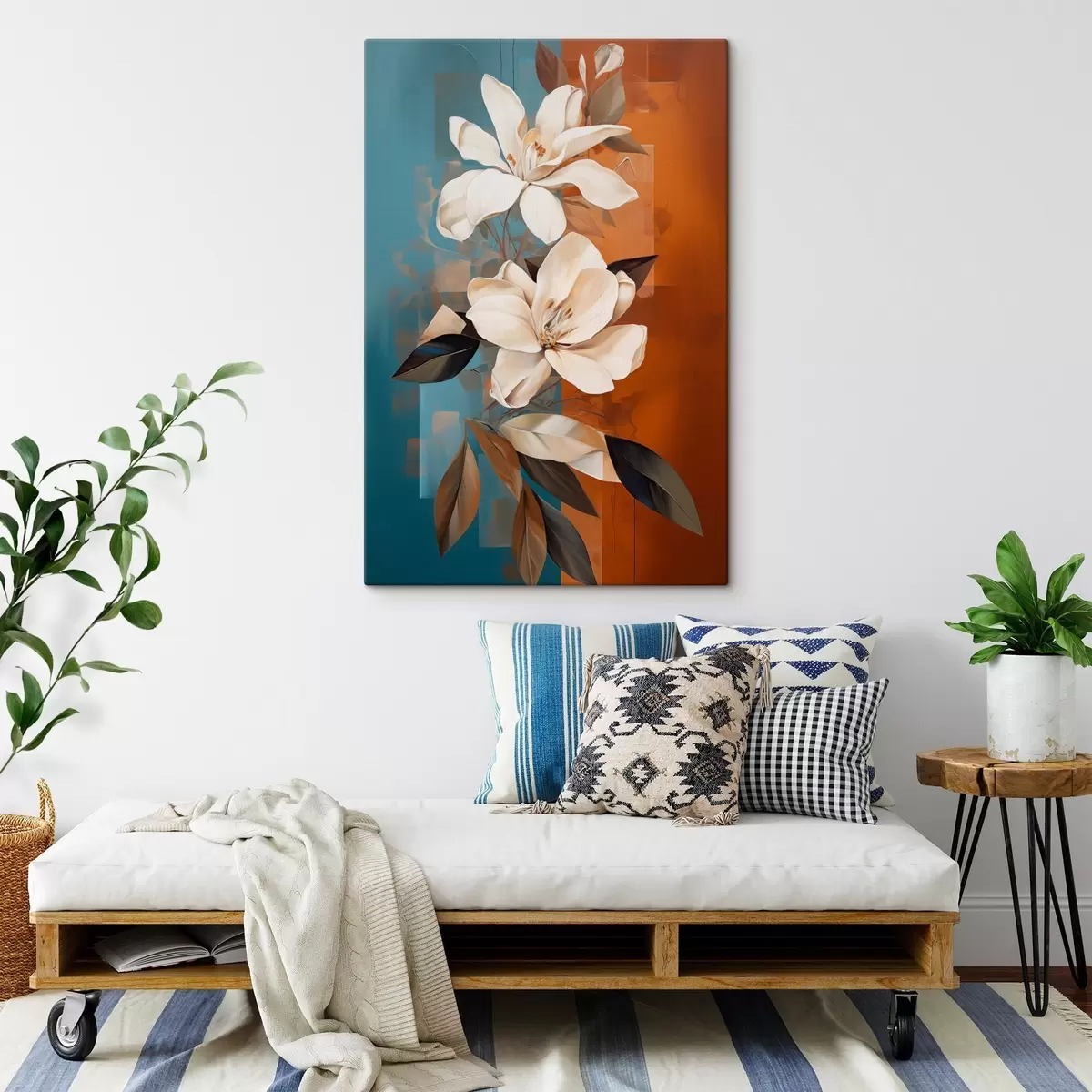  Schilderijen Abstracte witte bloemen en bladeren tegen een achtergrond van bruin en blauw met abstracte vormen, in een minimalistische stijl s46710