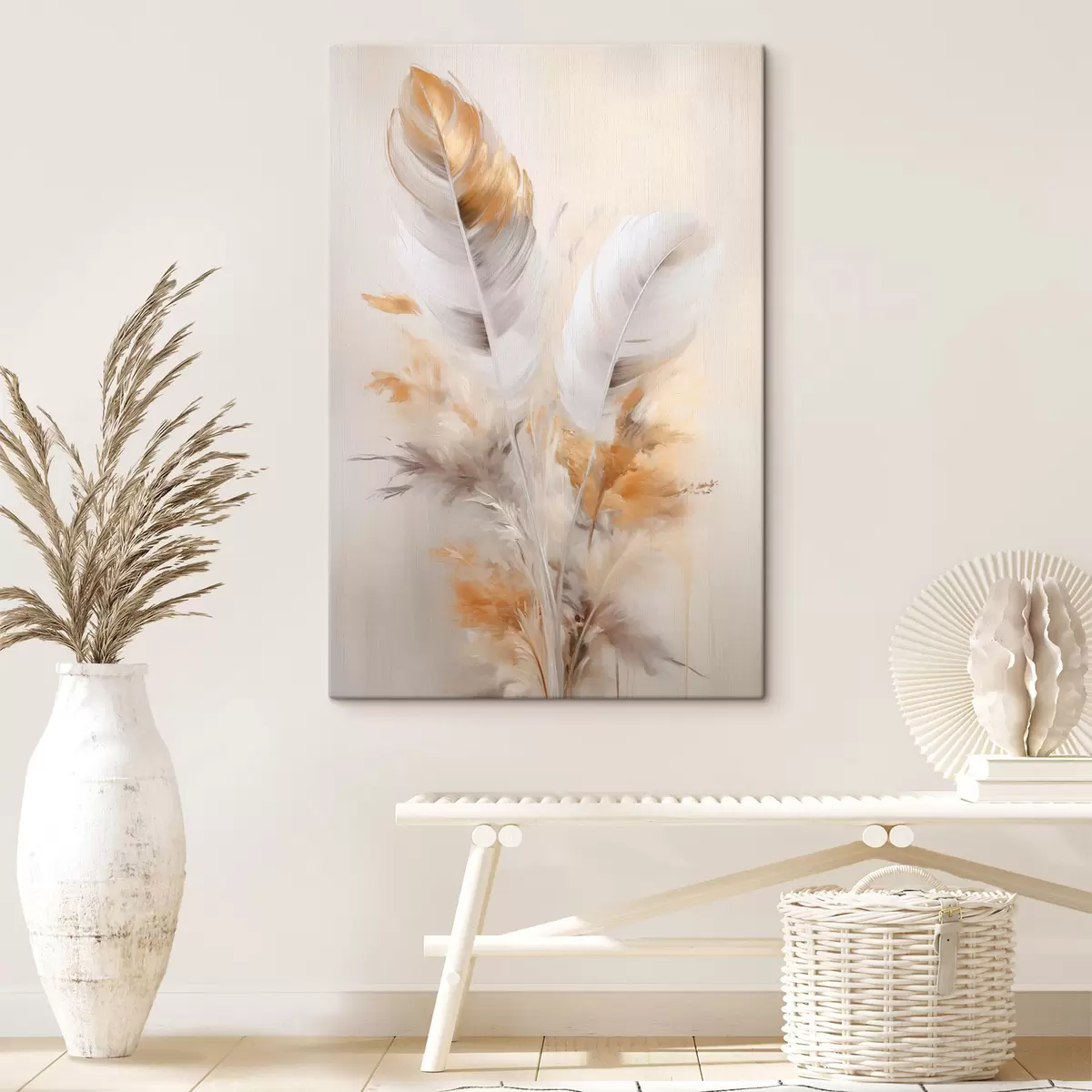  Schilderijen Abstracte veren, omgeven door beige en bruine pluimen, zacht en delicaat, op een lichtbeige achtergrond s46711