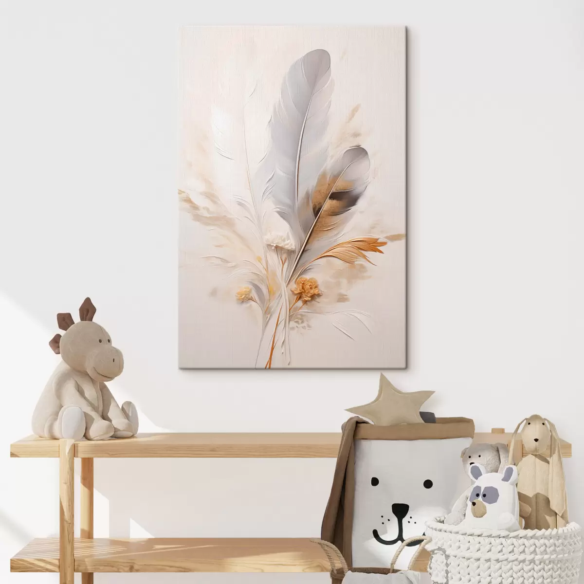  Schilderijen Abstracte veren, omgeven door beige en bruine pluimen, zacht en delicaat, op een lichtbeige achtergrond s46712