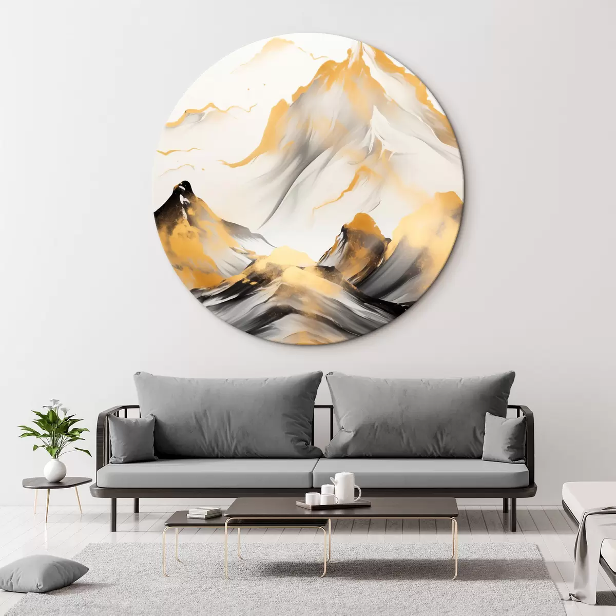 Ronde schilderijen Getextureerde gele en zwarte bergen met besneeuwde toppen, inktwasstijl, minimalistische bergketen r46683