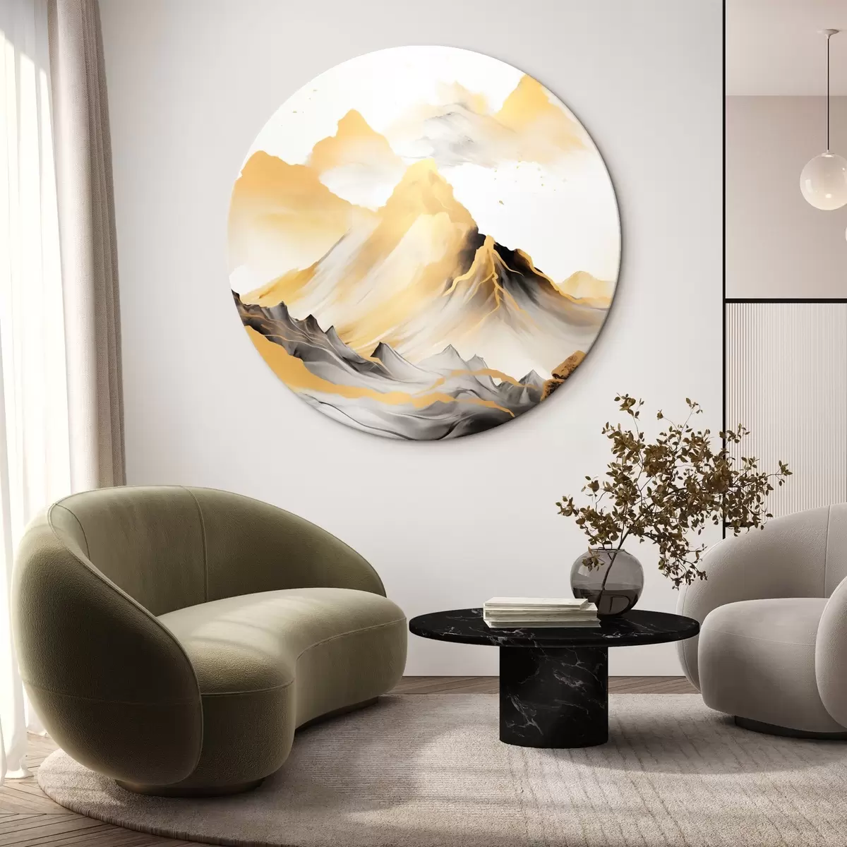 Ronde schilderijen Getextureerde gele en zwarte bergen met besneeuwde toppen, inktwasstijl, minimalistische bergketen r46684