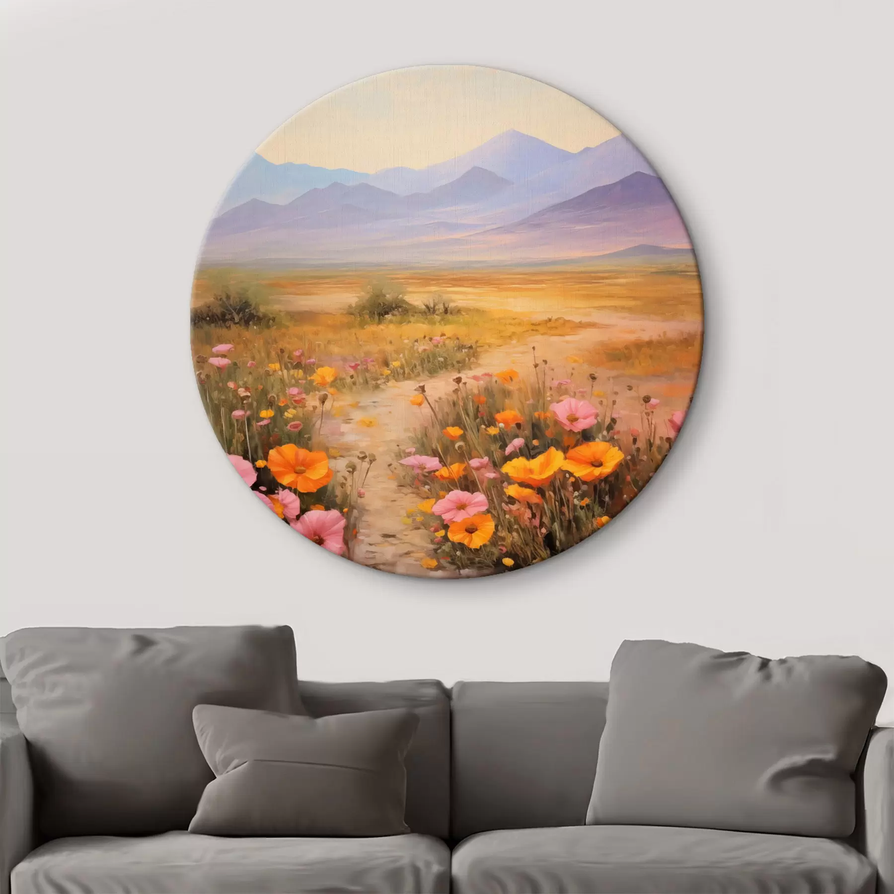  Schilderijen Landschap, een veld met kleurrijke bloemen en bergen op de achtergrond, zachte pastelkleuren r46686