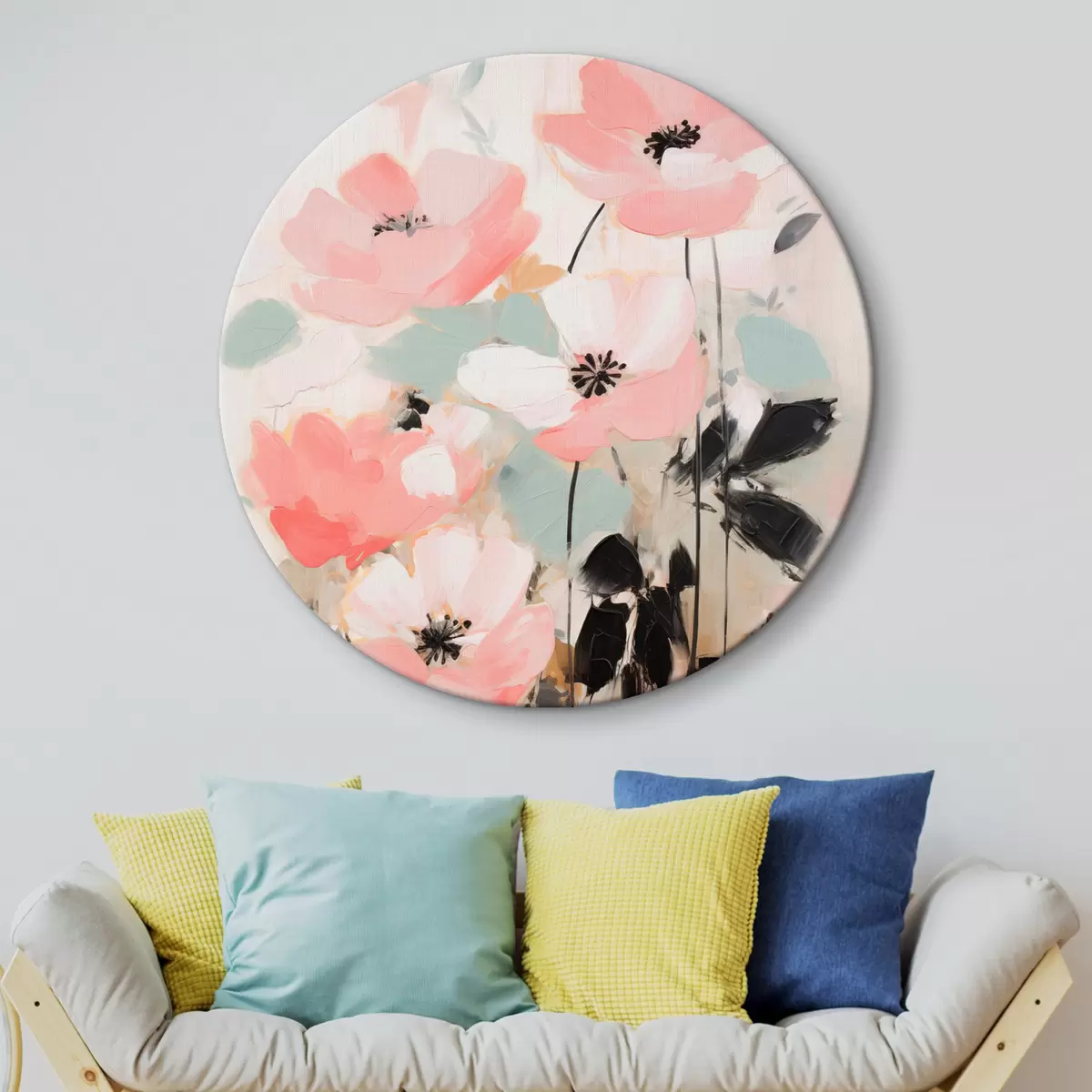 Ronde schilderijen Roze en zwarte bloemen met bladeren, zachte pastelkleuren, abstract bloemstuk, minimalistische kunst r46688