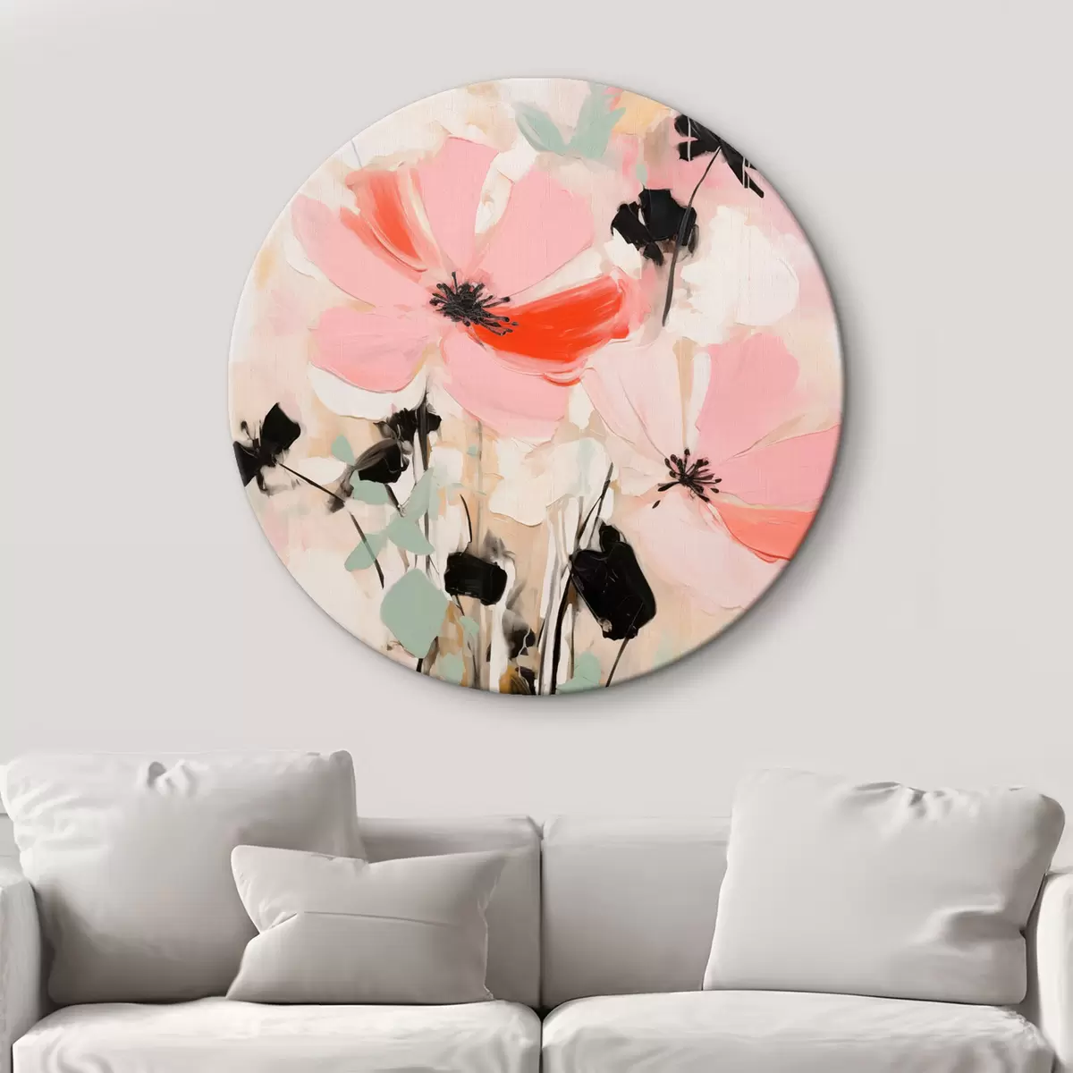 Ronde schilderijen Roze en zwarte bloemen met bladeren, zachte pastelkleuren, abstract bloemstuk, minimalistische kunst r46687
