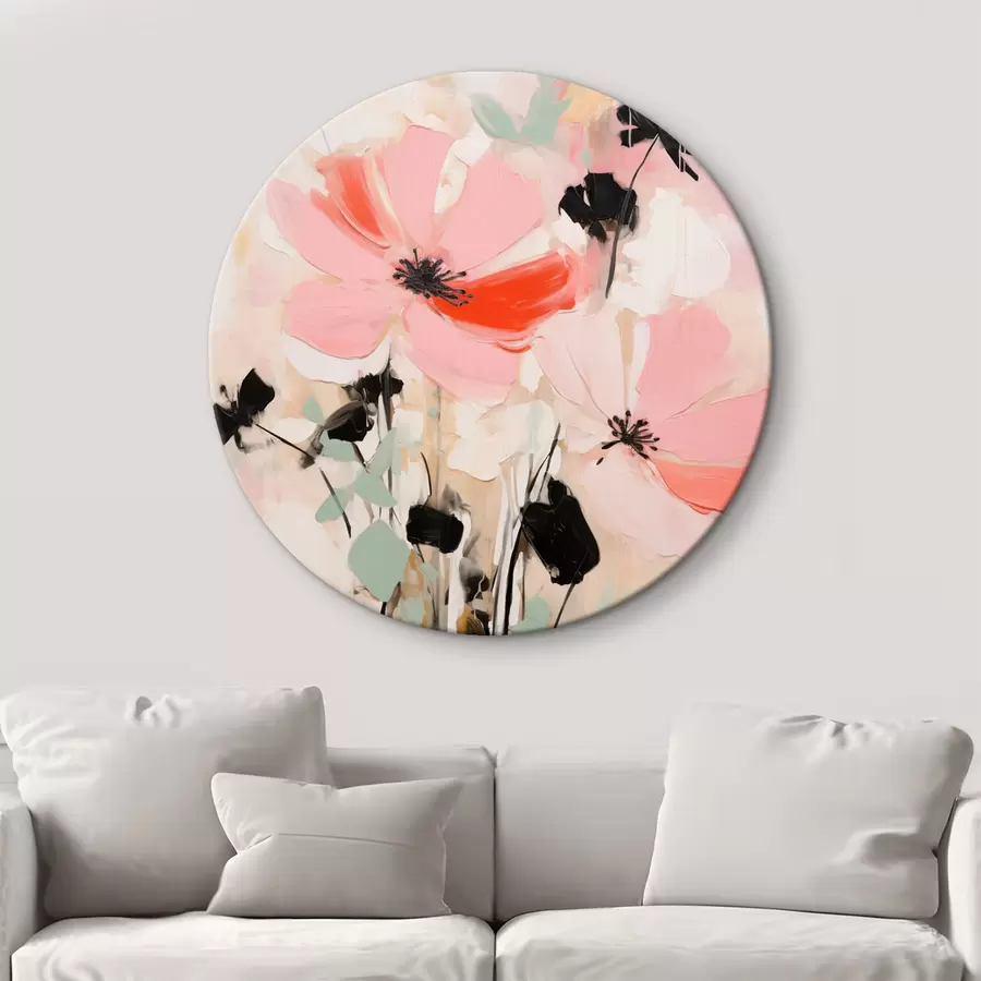  Schilderijen Roze en zwarte bloemen met bladeren, zachte pastelkleuren, abstract bloemstuk, minimalistische kunst r46687