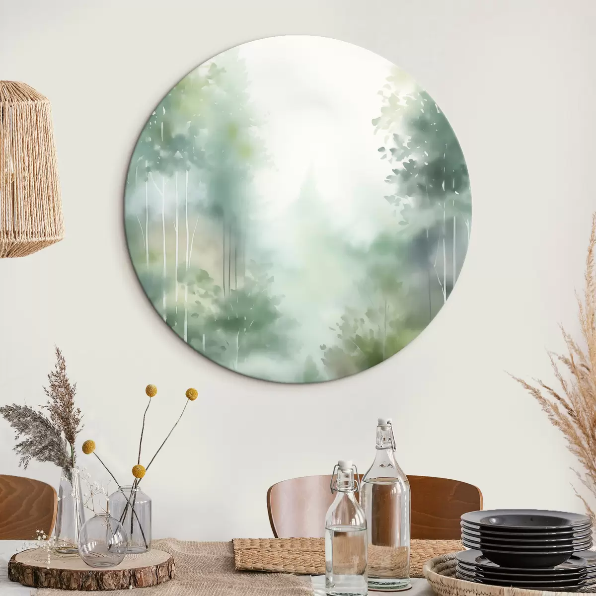 Ronde schilderijen Aquarelschilderij imitatie van abstract bos met hoge bomen en groen gebladerte, zachte gedempte kleuren r46689