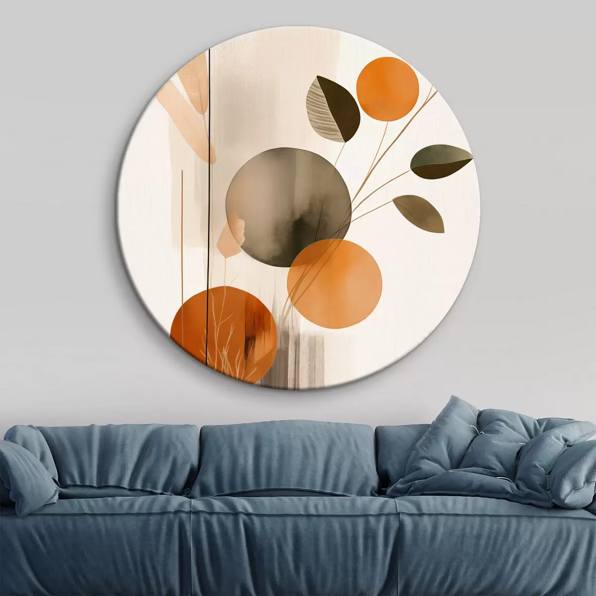 Ronde schilderijen Abstracte schilderijimitatie met oranje en grijze cirkels, bladeren en takken, moderne stijl, aquareleffect r46697
