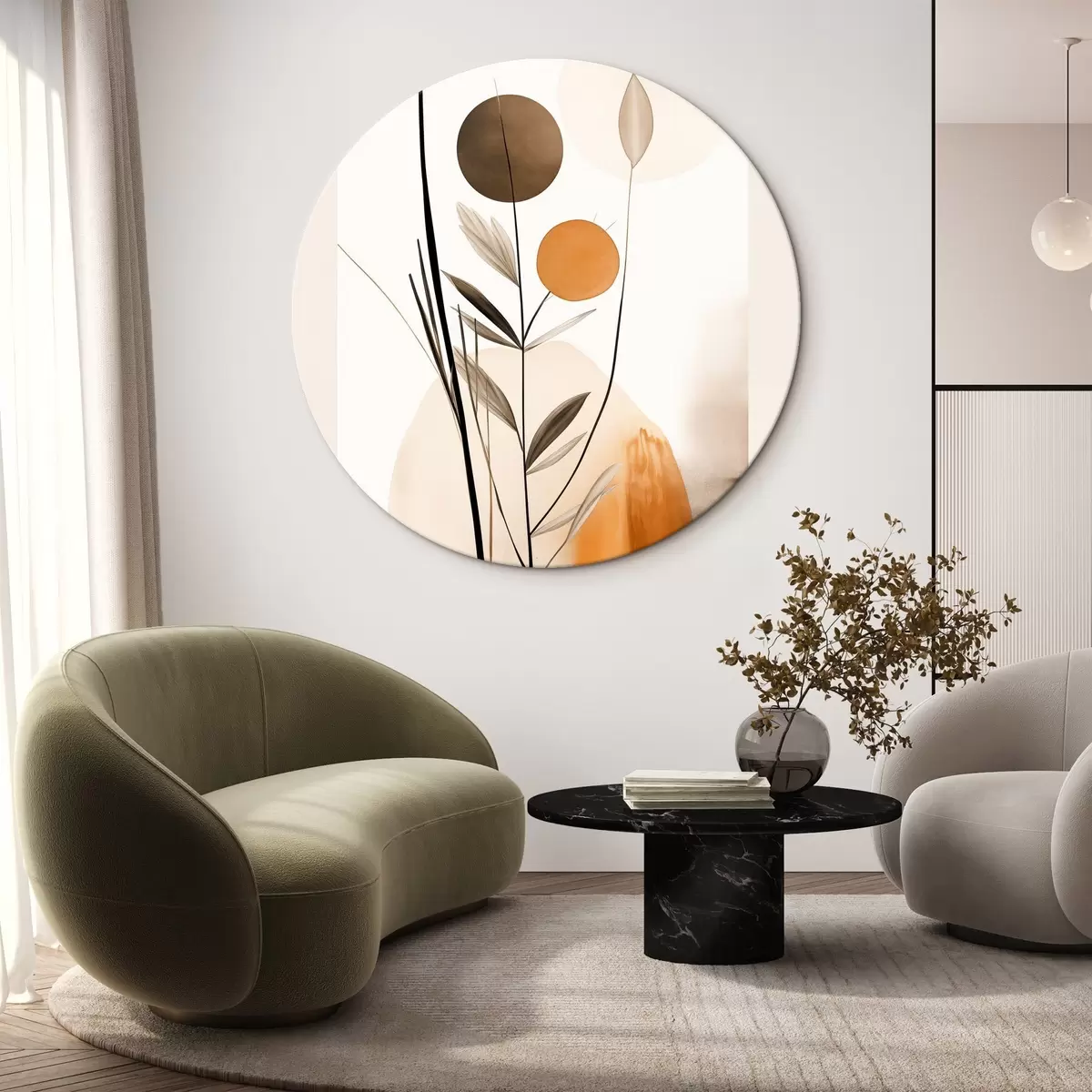 Ronde schilderijen Abstracte schilderijimitatie met oranje en grijze cirkels, bladeren en takken, moderne stijl, aquareleffect r46698