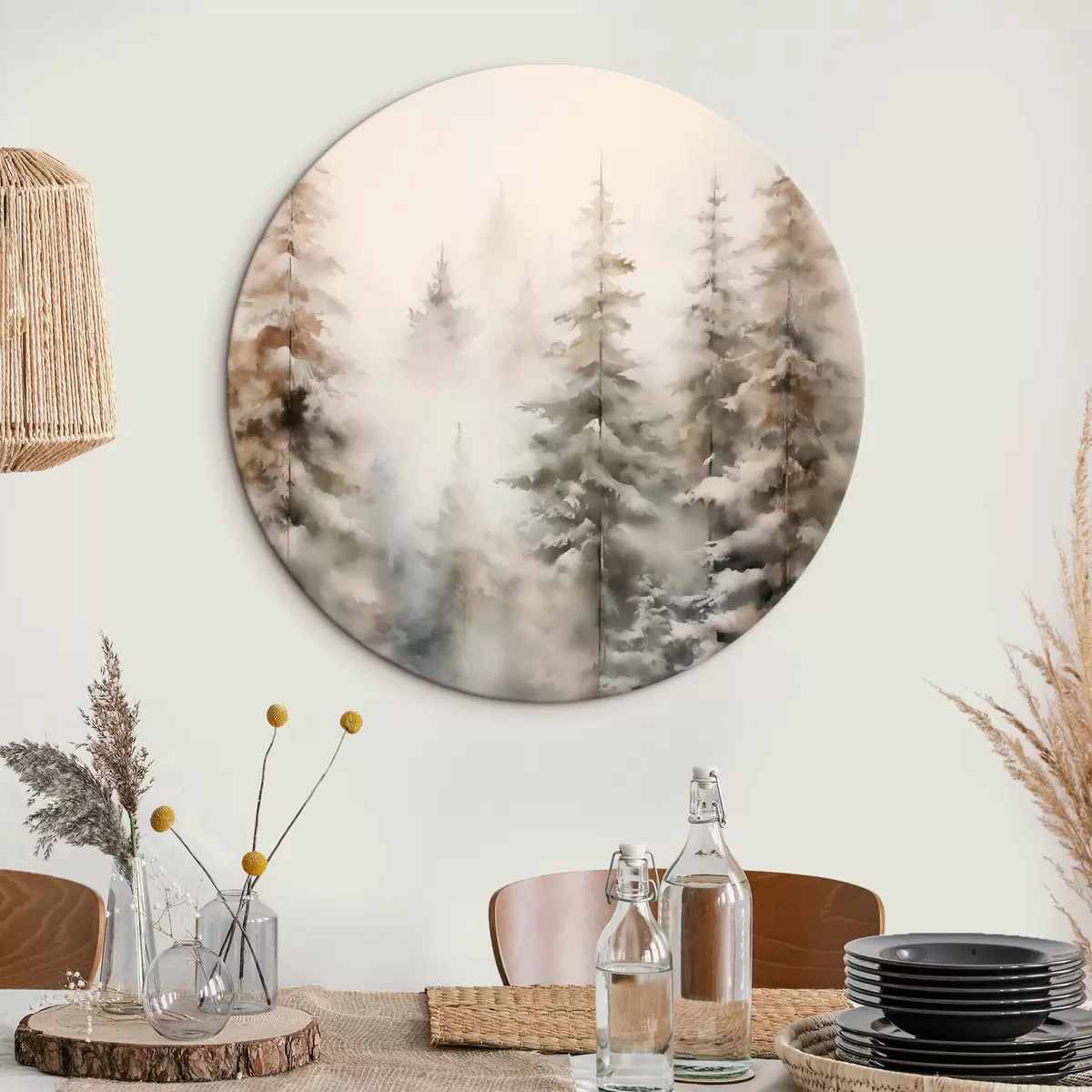 Ronde schilderijen Hoge dennenbomen bedekt met sneeuw, staande in een mistig bos, een zacht, gedempt winters tafereel r46701