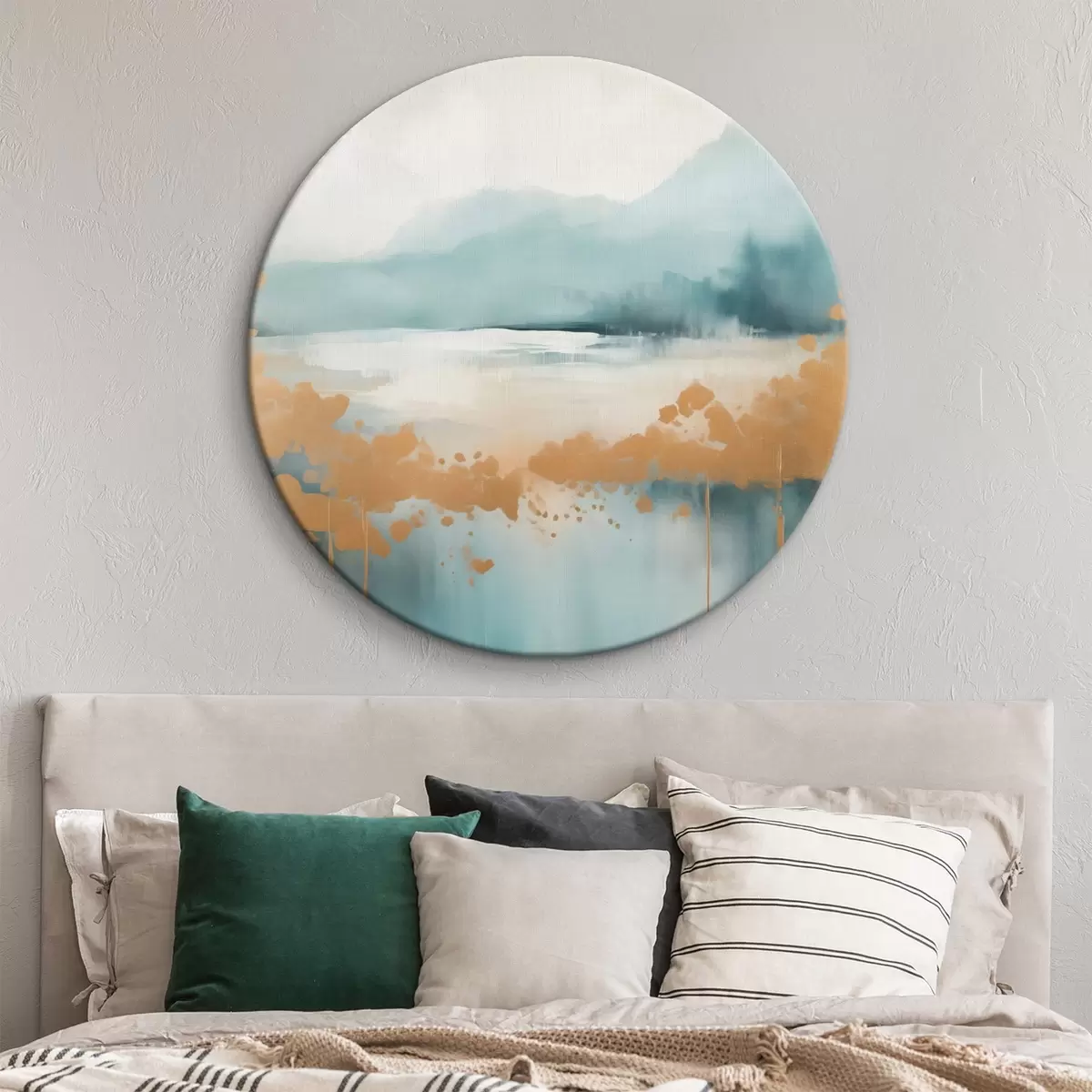 Ronde schilderijen Abstract landschap met bergen en meer in blauwgroen en gestructureerd geel, zachte penseelstreken, minimalistisch kunstwerk r46703