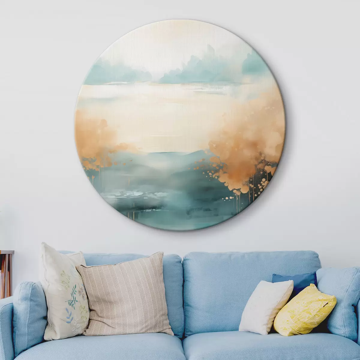 Ronde schilderijen Abstract landschap met bergen en meer in blauwgroen en gestructureerd geel, zachte penseelstreken, minimalistisch kunstwerk r46704