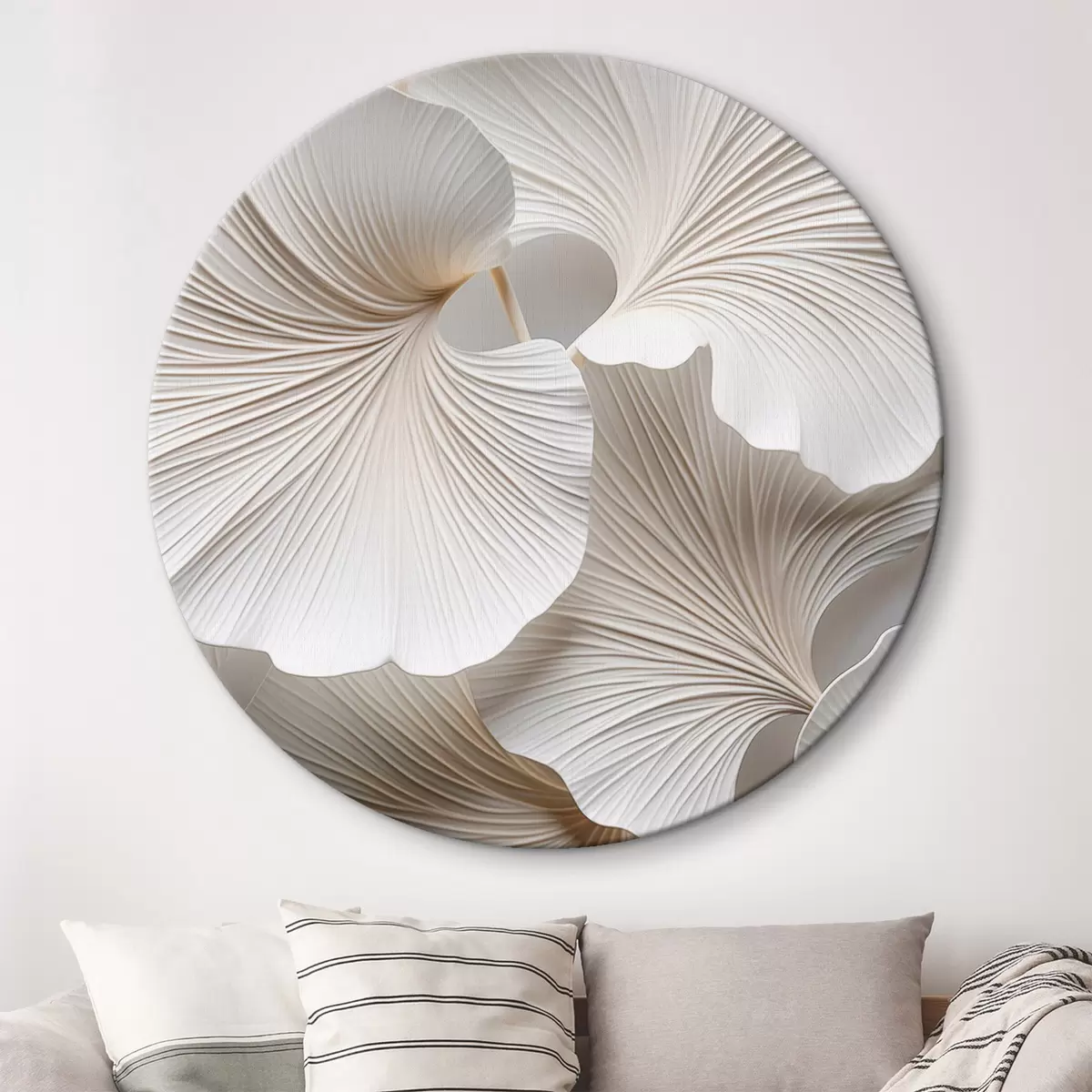 Ronde schilderijen Witte ginkgo biloba-bladeren met gedetailleerde nerven, zachte verlichting, elegant en minimalistisch ontwerp met textuur r46705