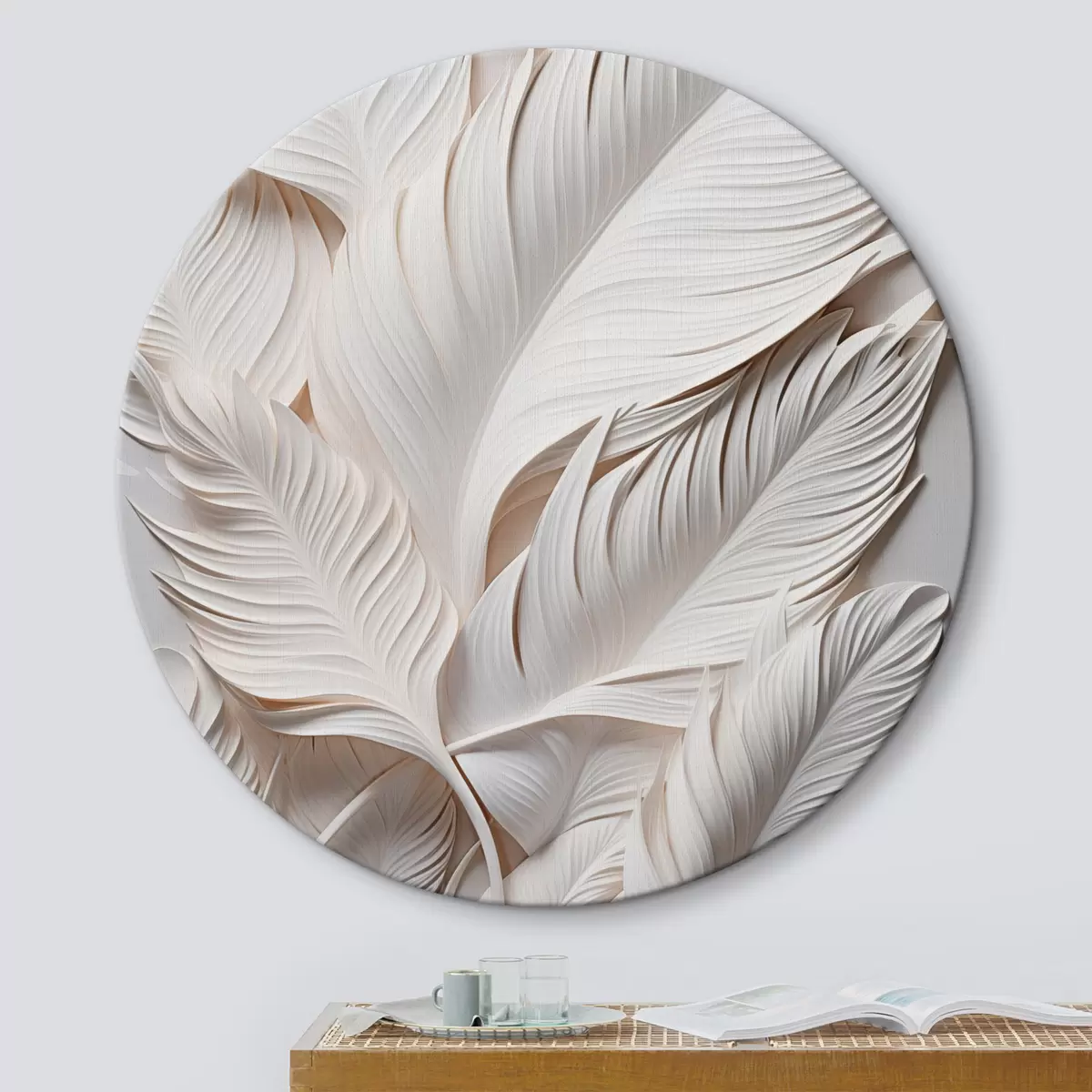 Ronde schilderijen Witte bladeren met gedetailleerde patronen, die een gestructureerd en gelaagd effect creëren, minimalistische kunst r46706