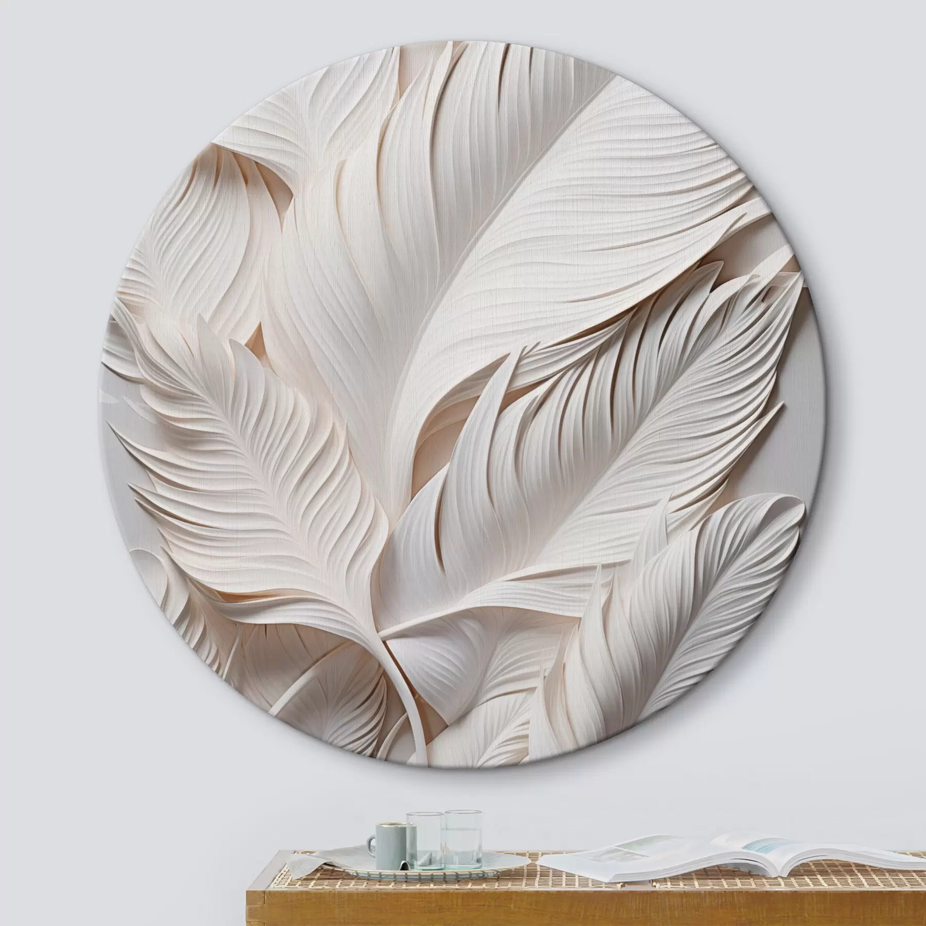  Schilderijen Witte bladeren met gedetailleerde patronen, die een gestructureerd en gelaagd effect creëren, minimalistische kunst r46706